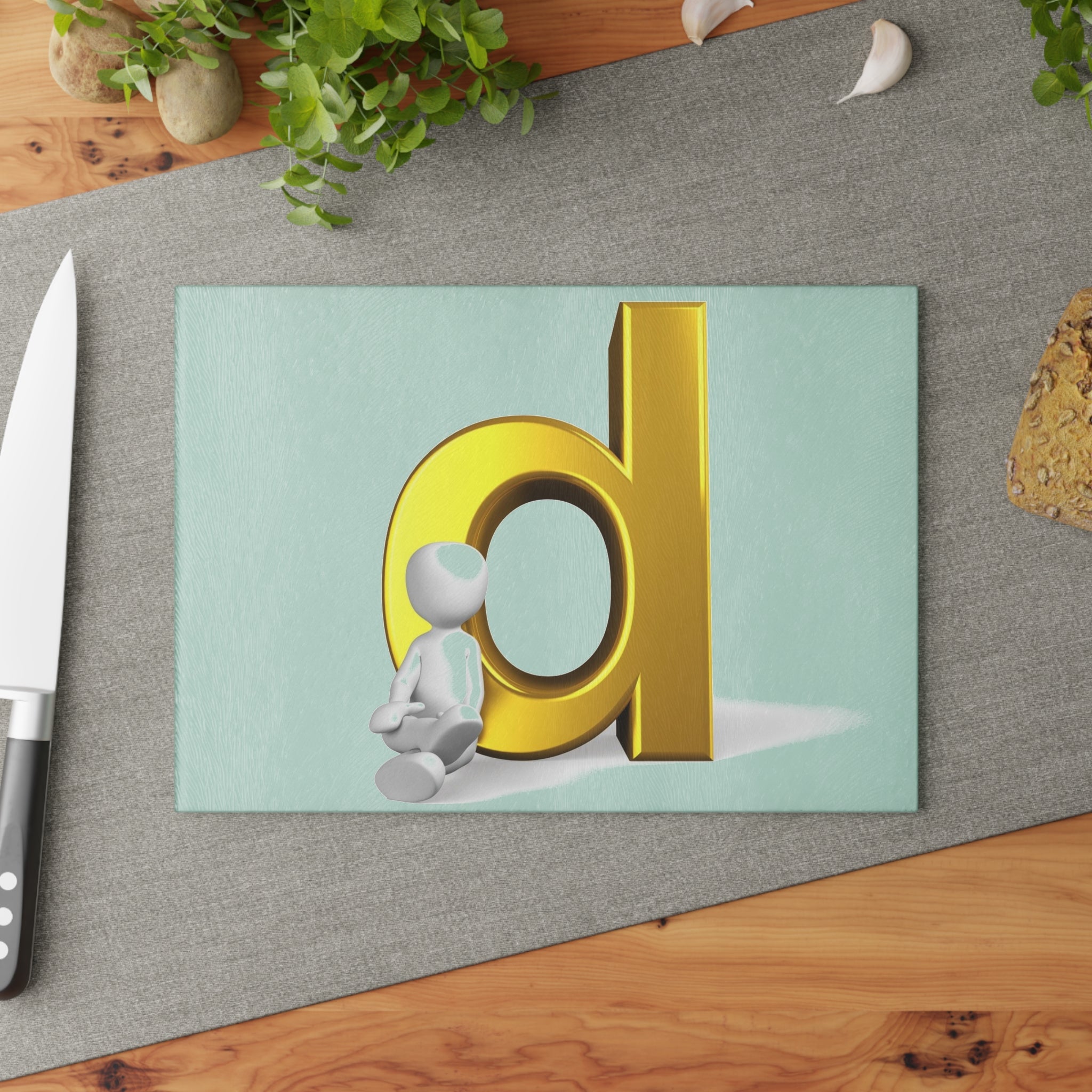 Gold Letter b with Sitting Figurine Glass Cutting Board | Alphabet Kitchen Decor