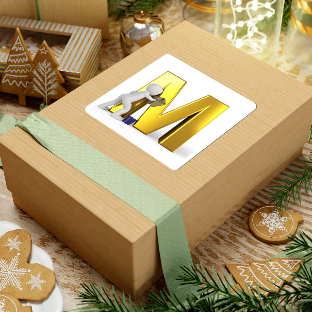 Gold Letter M with Painter Figure Sticker | Kiss-Cut Alphabet Decal