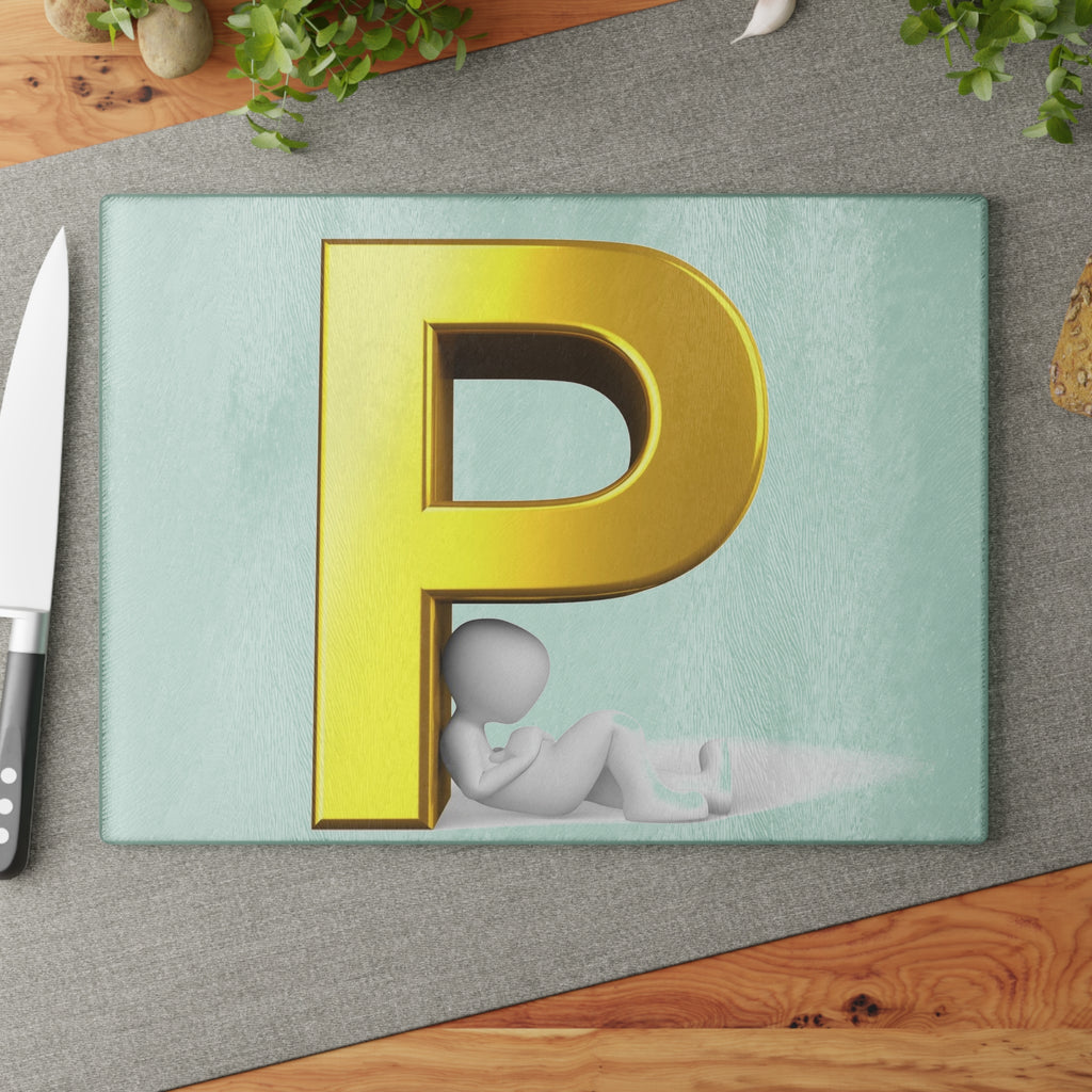 Gold Letter P with Relaxing Figure Glass Cutting Board | Monogram Kitchen Décor
