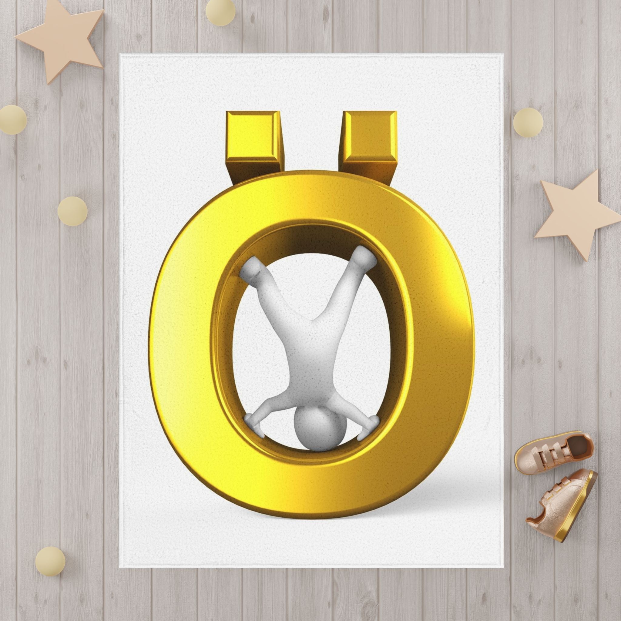 Gold Ö Letter with Playful Stick Figure Toddler Blanket | Alphabet Nursery Decor