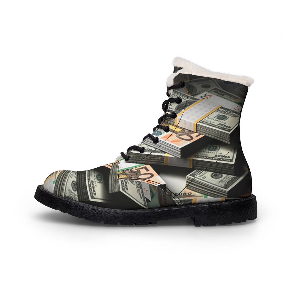 Stacked Cash Print Boots | Fur-Lined Leather Boots