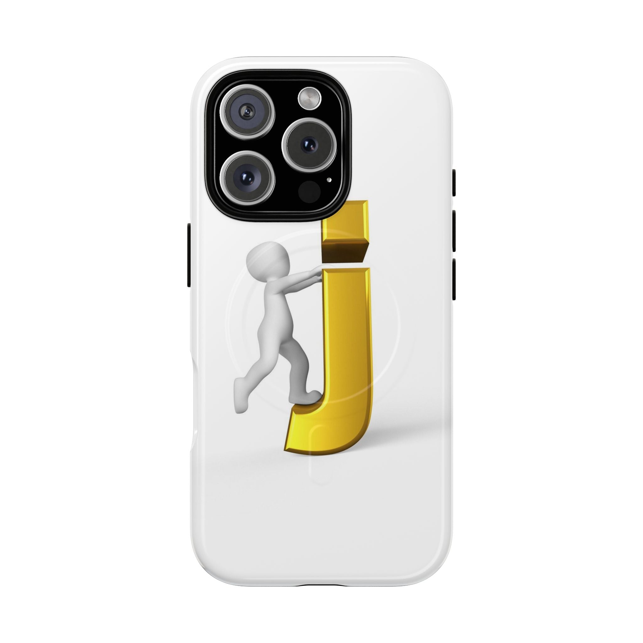 Coque de téléphone 3D Bonhomme allumette Poussant la lettre J dorée | Coque magnétique robuste