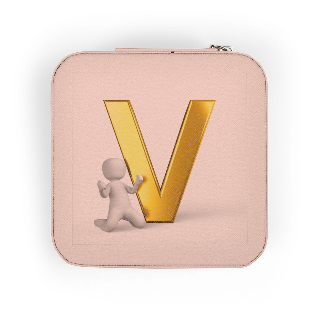 Gold Letter V Monogram Jewelry Travel Case | Compact Square Organizer