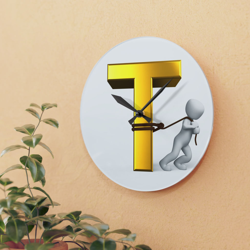 Gold Letter T with Figure Acrylic Wall Clock | Initial T Décor