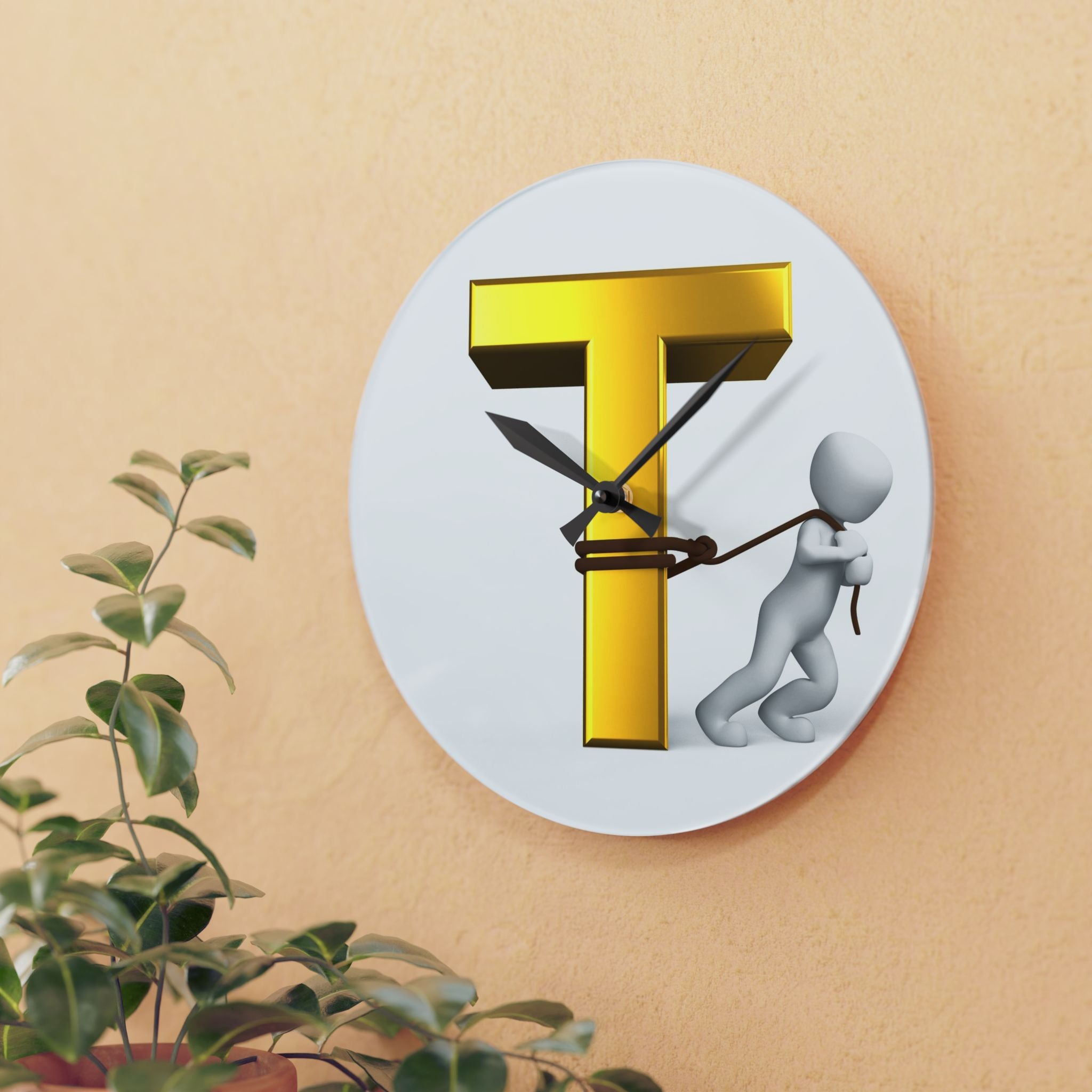 Gold Letter T with Figure Acrylic Wall Clock | Initial T Décor