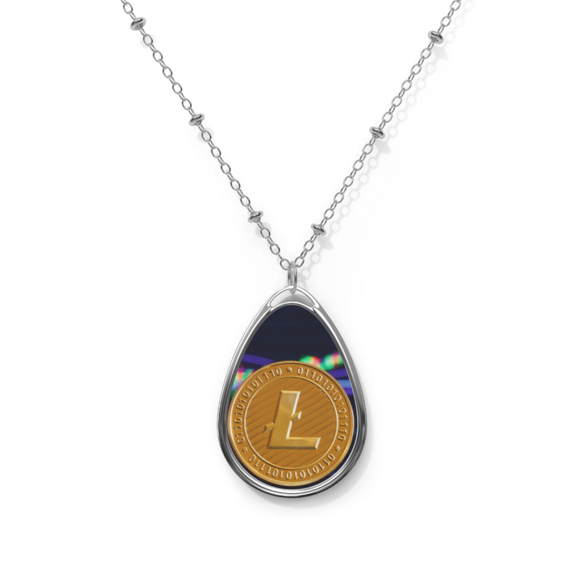 Oval Litcoin Pendant Necklace — Retro Holographic Medallion Teardrop Jewelry