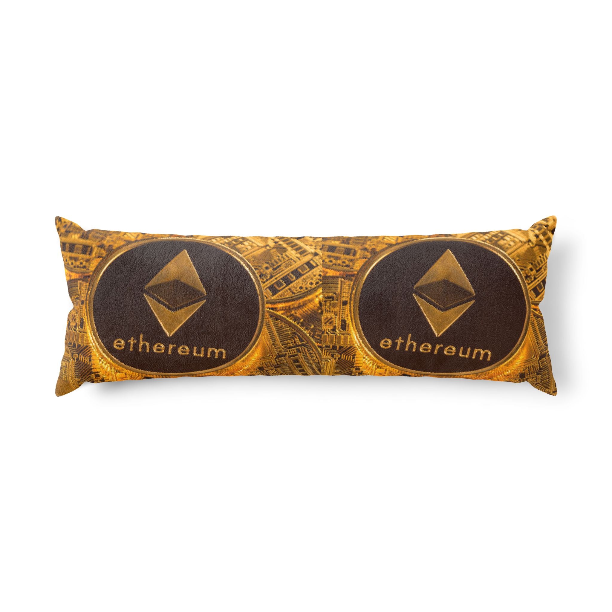 Ethereum Crypto Coin Body Pillow | Digital Currency Decor, Gold Circuit Design