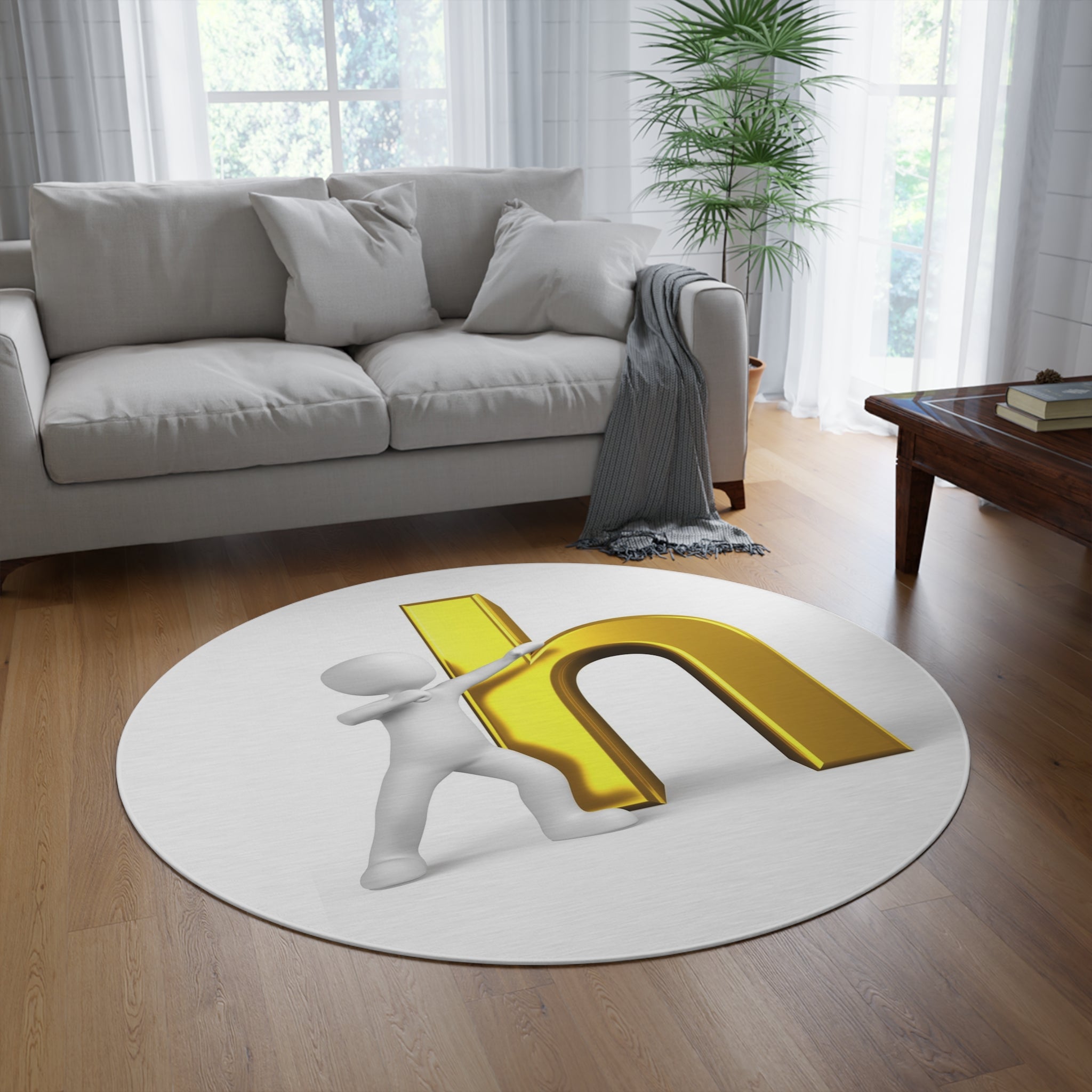 3D Person Pushing Gold Letter H Round Rug | Letter H Floor Mat, Alphabet Nursery Decor