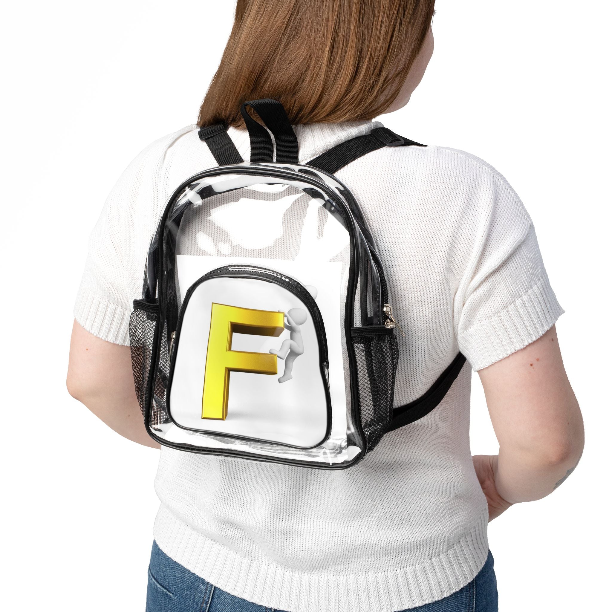 3D Yellow Letter F Design Clear Stadium Backpack | Transparent School Bag