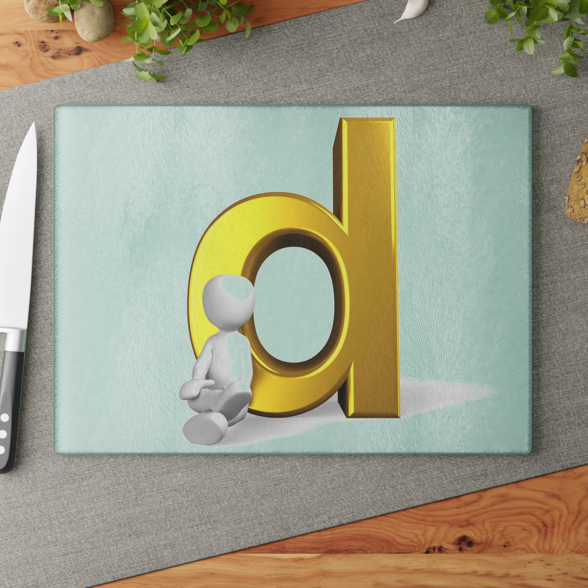 Gold Letter b with Sitting Figurine Glass Cutting Board | Alphabet Kitchen Decor