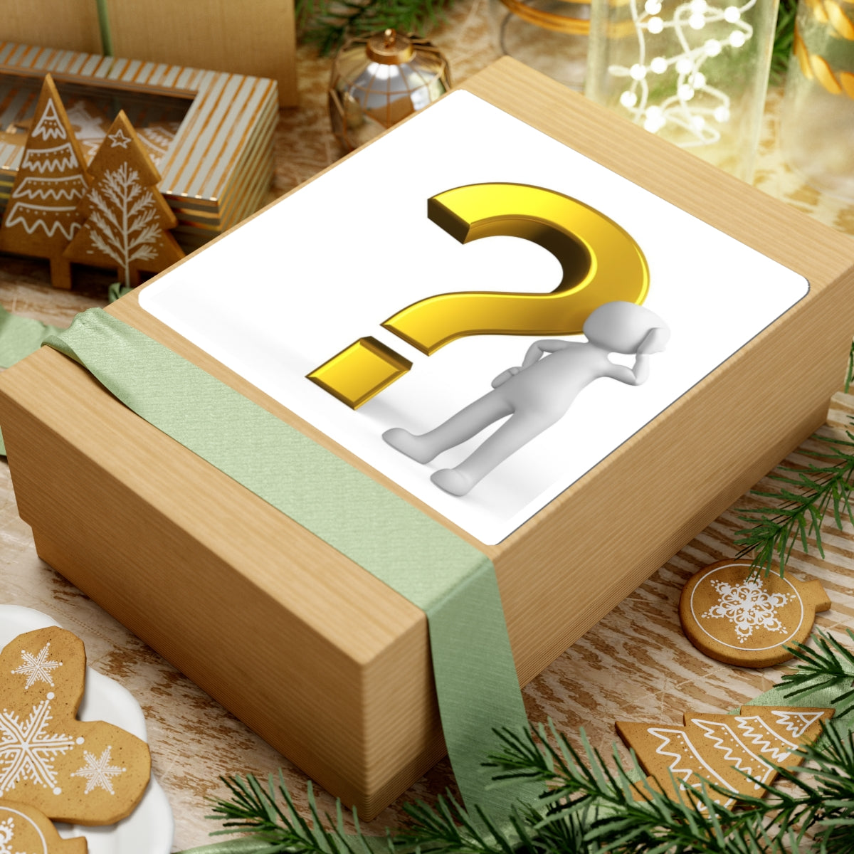 3D Gold Question Mark with Thinking Figure Kiss-Cut Stickers | Inquiry Icon Sticker