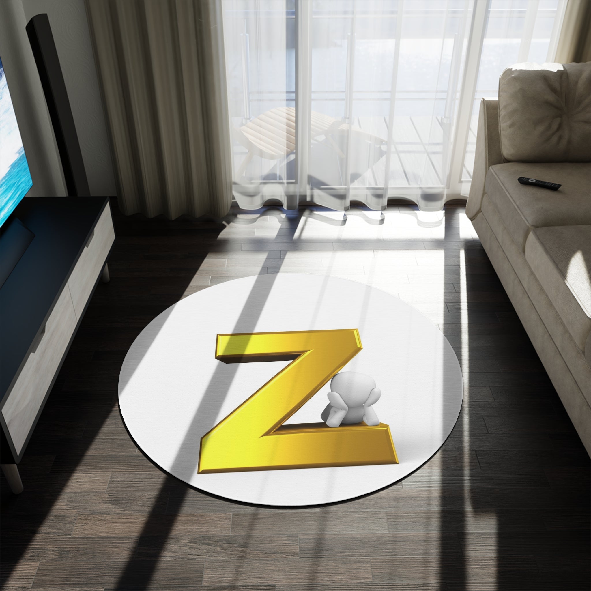 Gold Letter Z with 3D Character Round Rug | Monogram Initial Rug