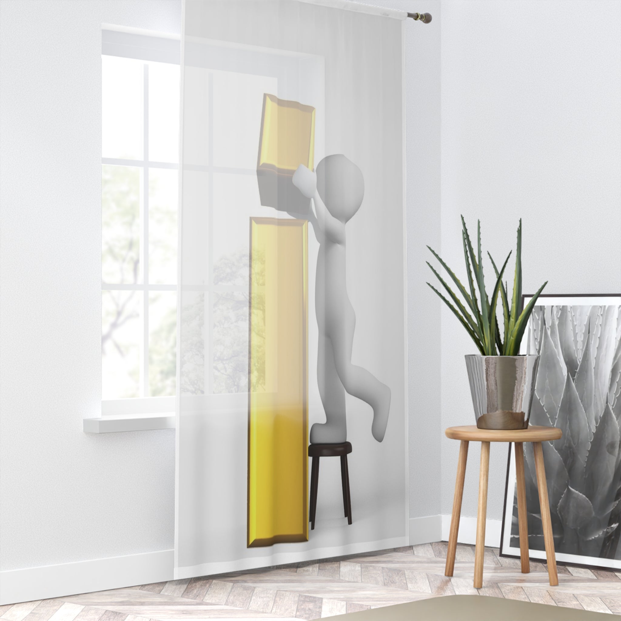 3D Stick Figure Building Gold Letter i Window Curtain | Sheer Decorative Panel