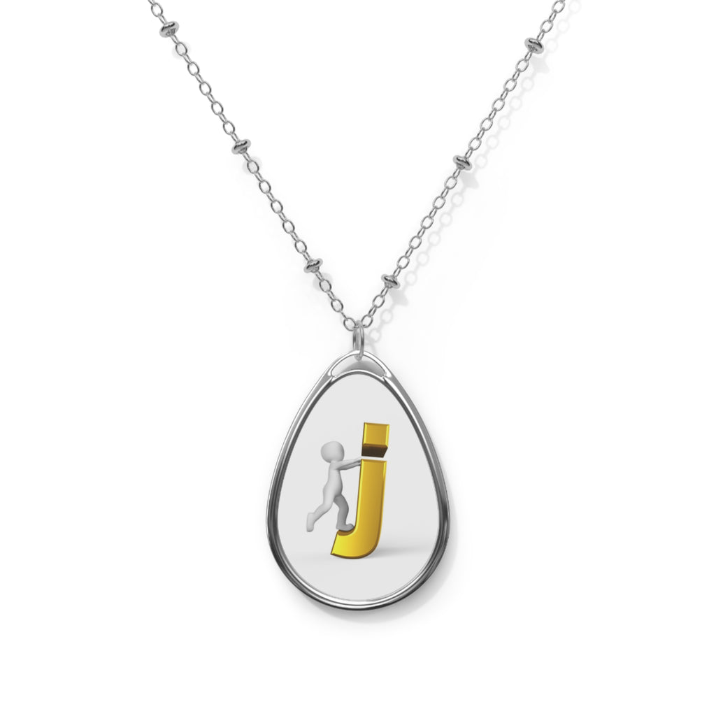 Personalized Oval Initial Necklace — Silver Teardrop Pendant with Gold 'J' Design