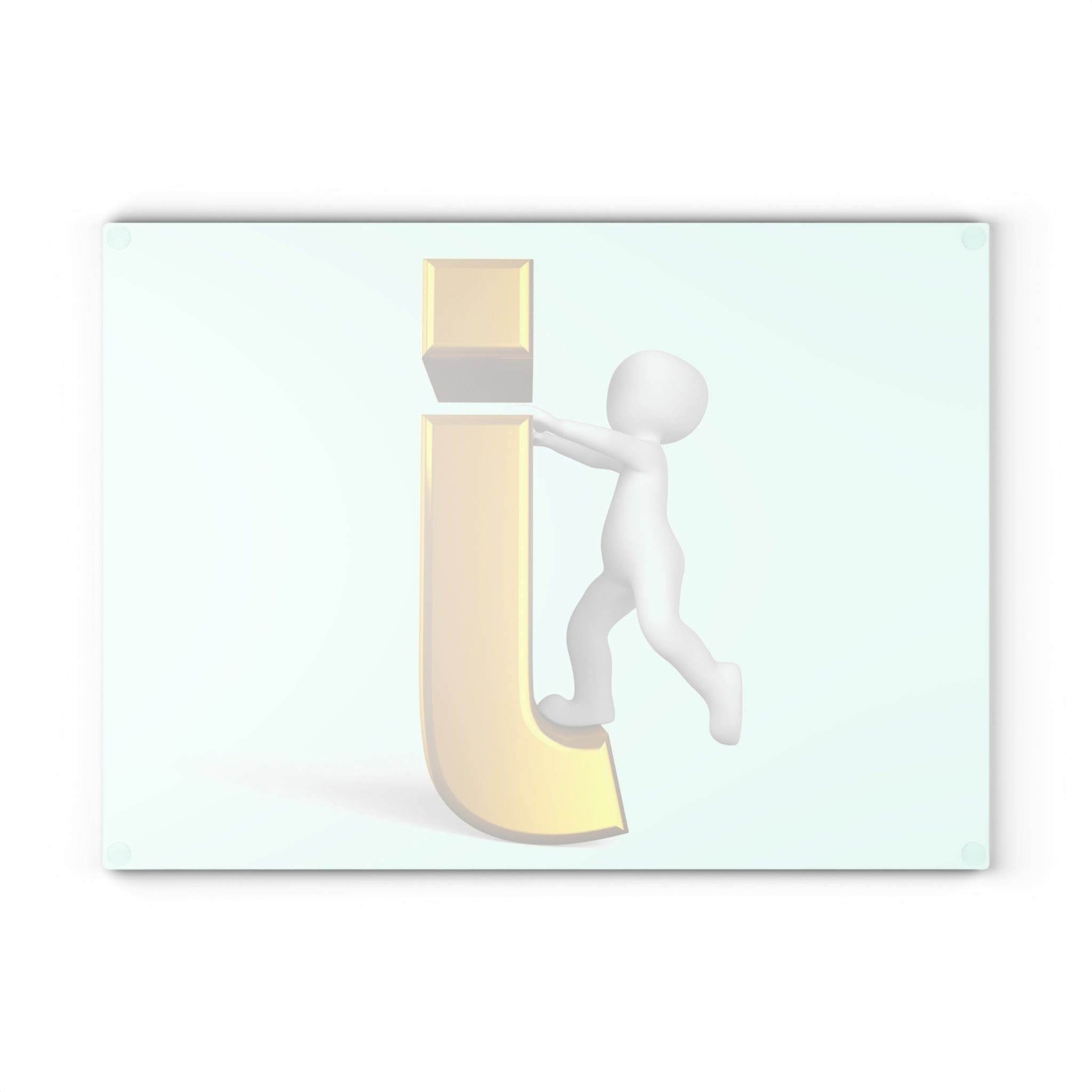3D Stick Figure Pushing Gold Letter J Glass Cutting Board | Decorative Kitchen Countertop