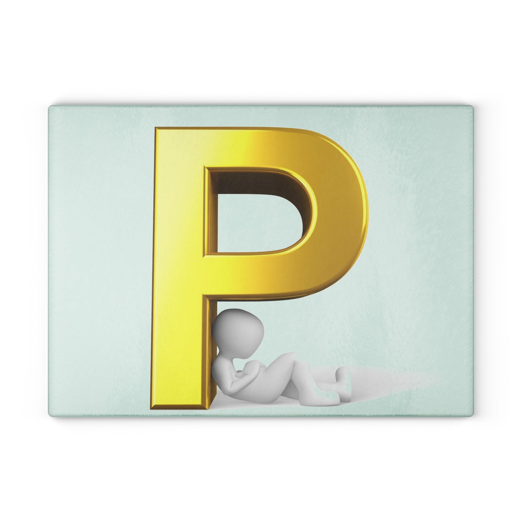 Gold Letter P with Relaxing Figure Glass Cutting Board | Monogram Kitchen Décor