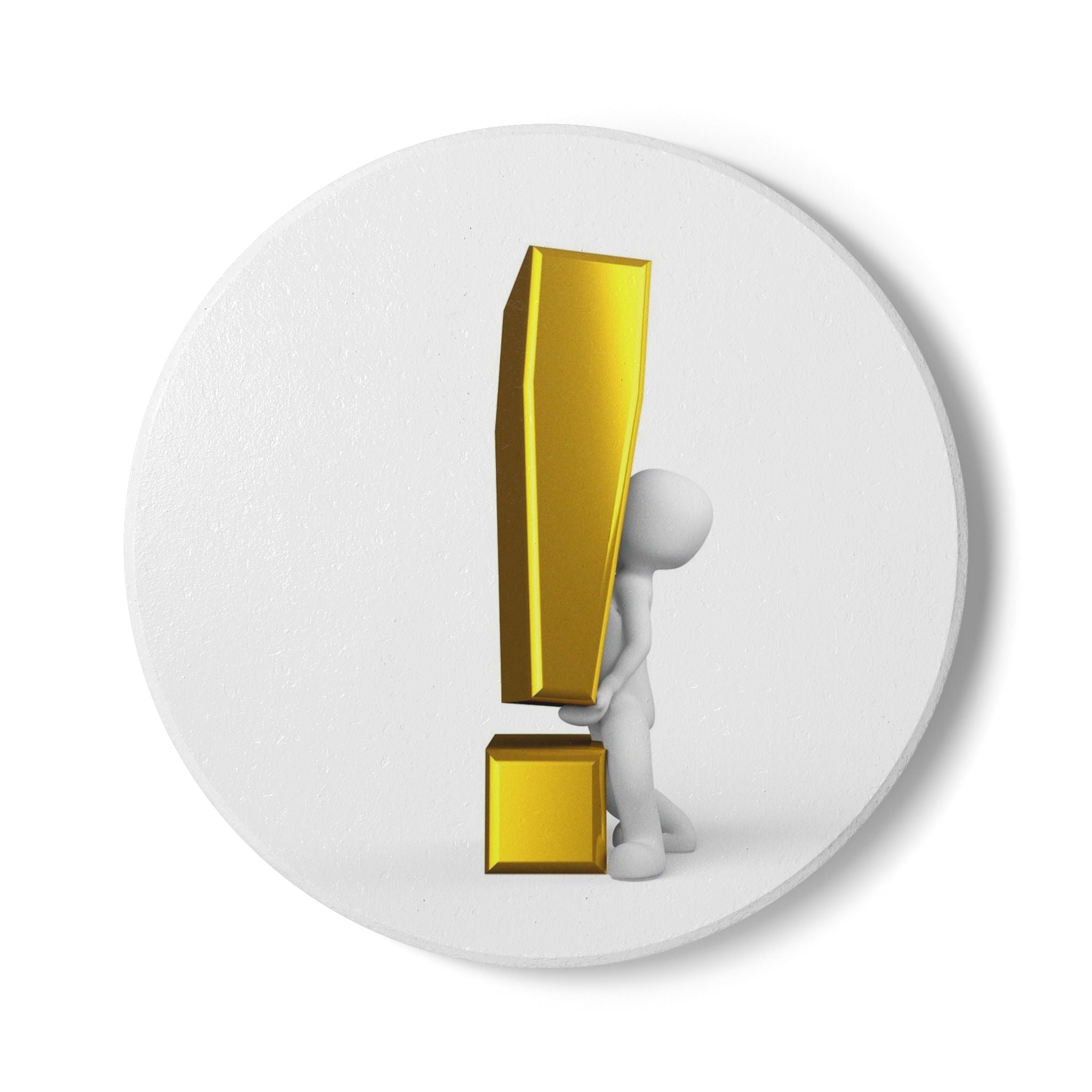 3D Stick Figure with Gold Exclamation Mark Ceramic Coaster | Cork Back