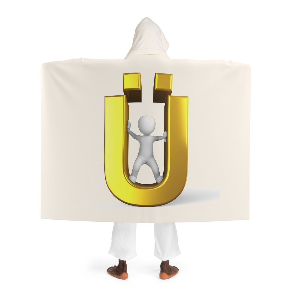 Cozy Hooded Sherpa Fleece Blanket | Gold Letter Ü With Figure Hooded Blanket