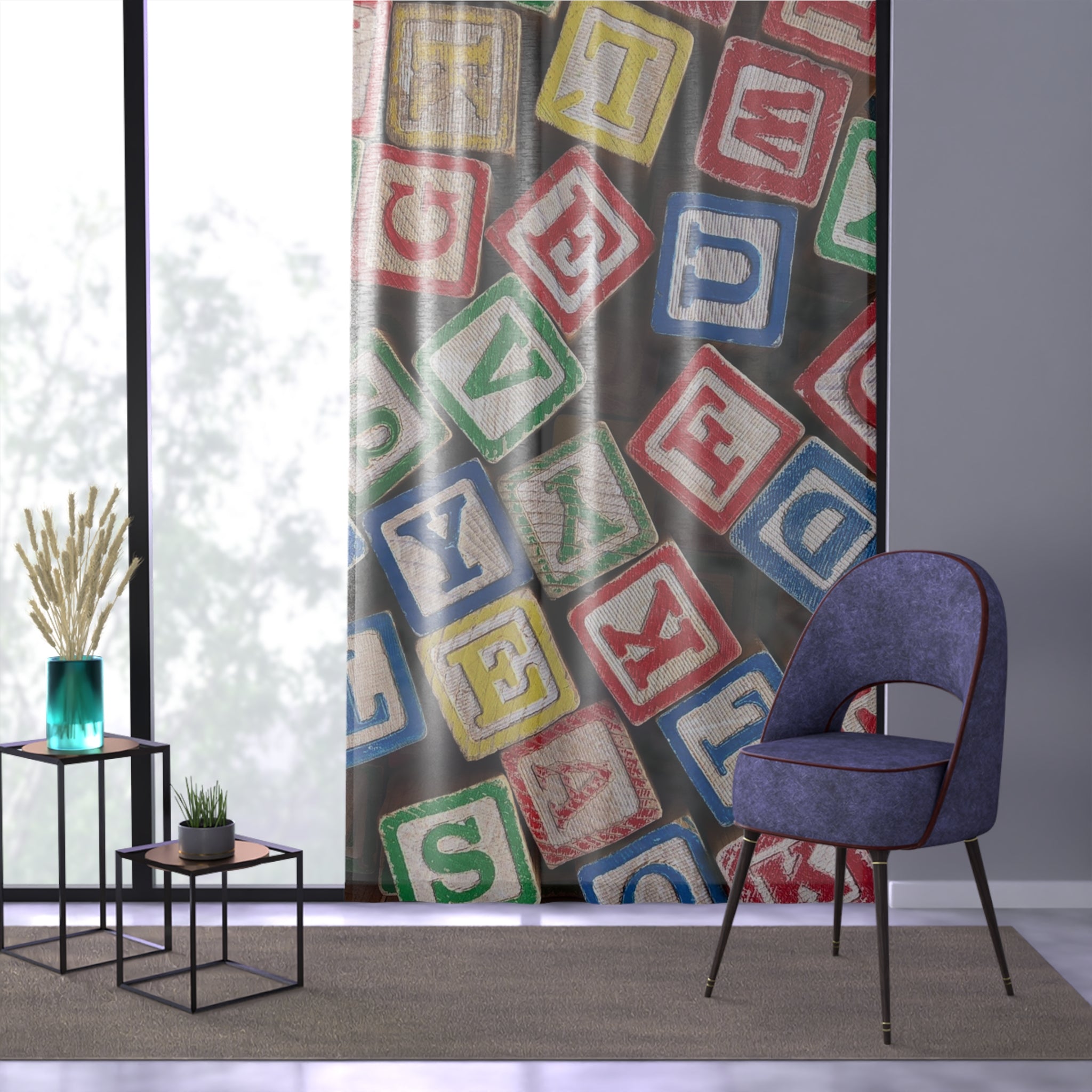 Vintage Alphabet Blocks Window Curtain | Nursery Kids Blocks Pattern