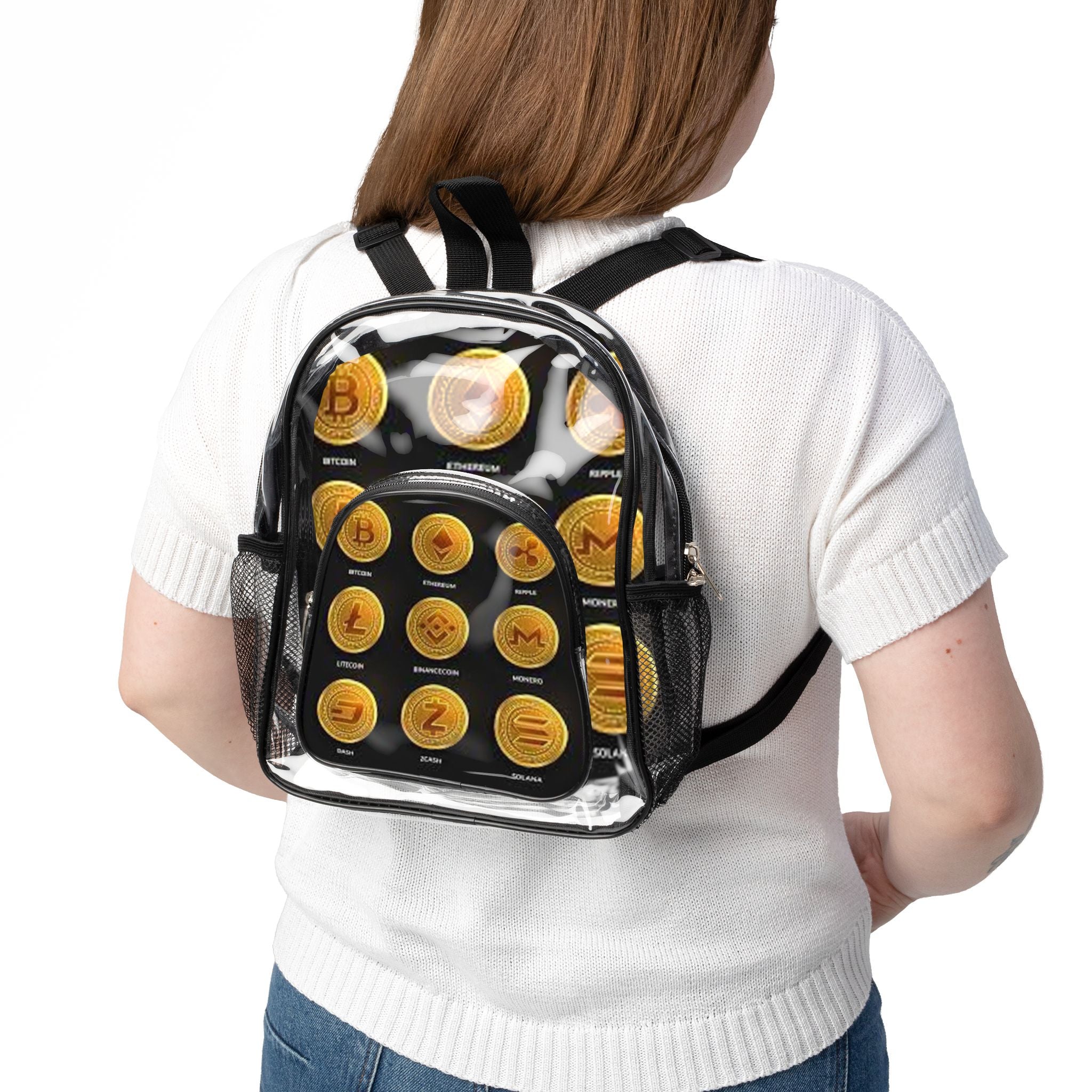 Cryptocurrency Coin Pattern Clear Stadium Backpack | Transparent Coin Design