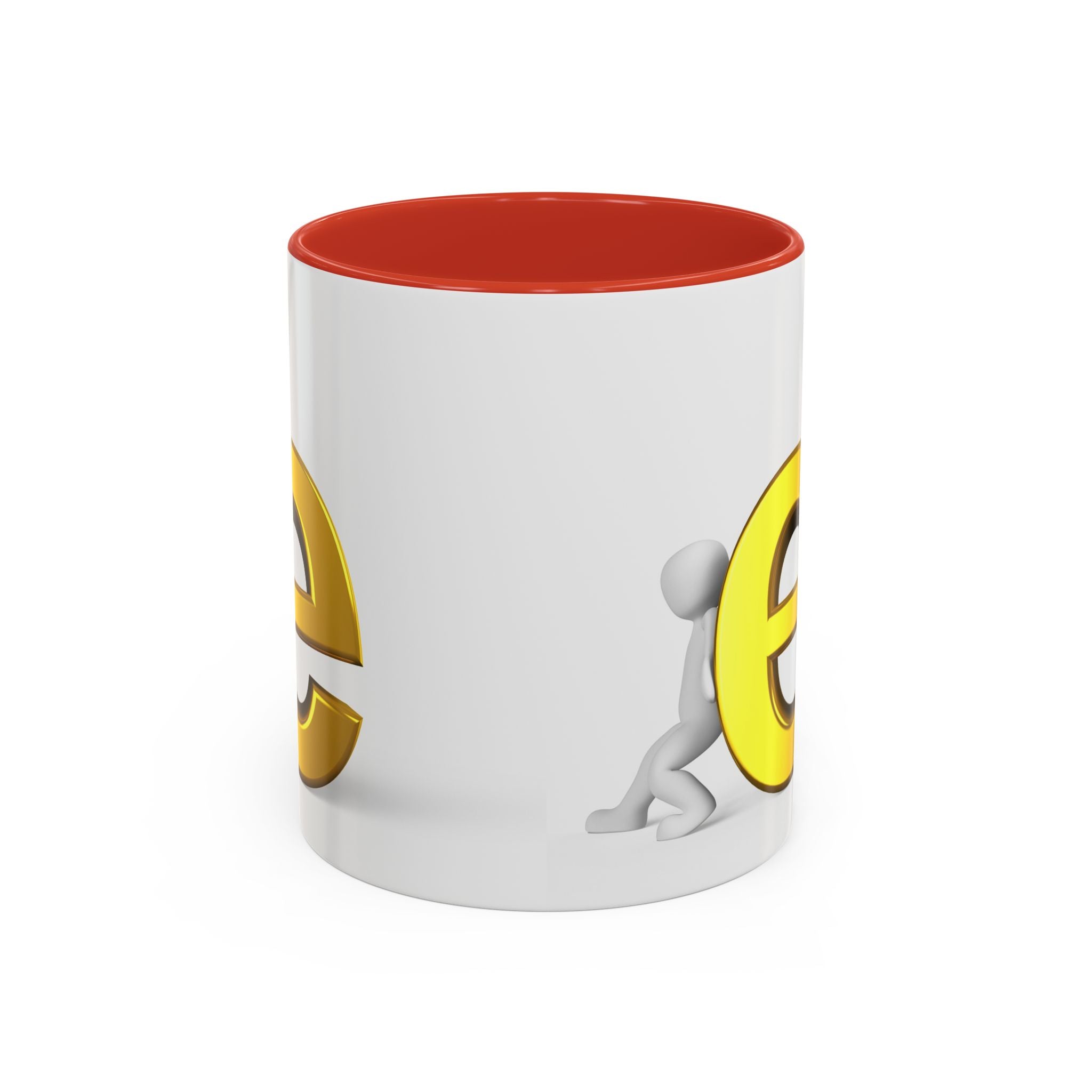 Mug à café motif bonhomme allumette 3D poussant la lettre dorée « e » | Anse et intérieur noirs