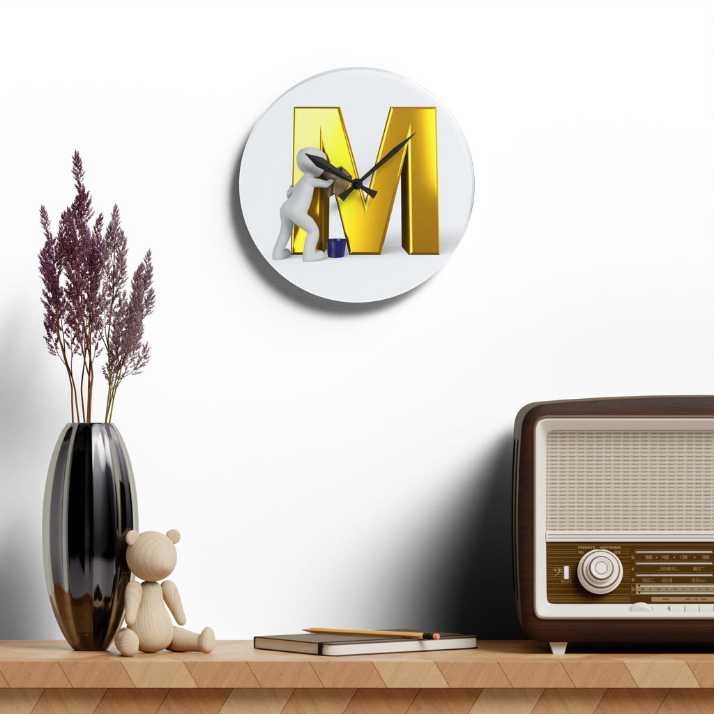 Gold Letter M Painting Acrylic Wall Clock | Monogram Initial Decor
