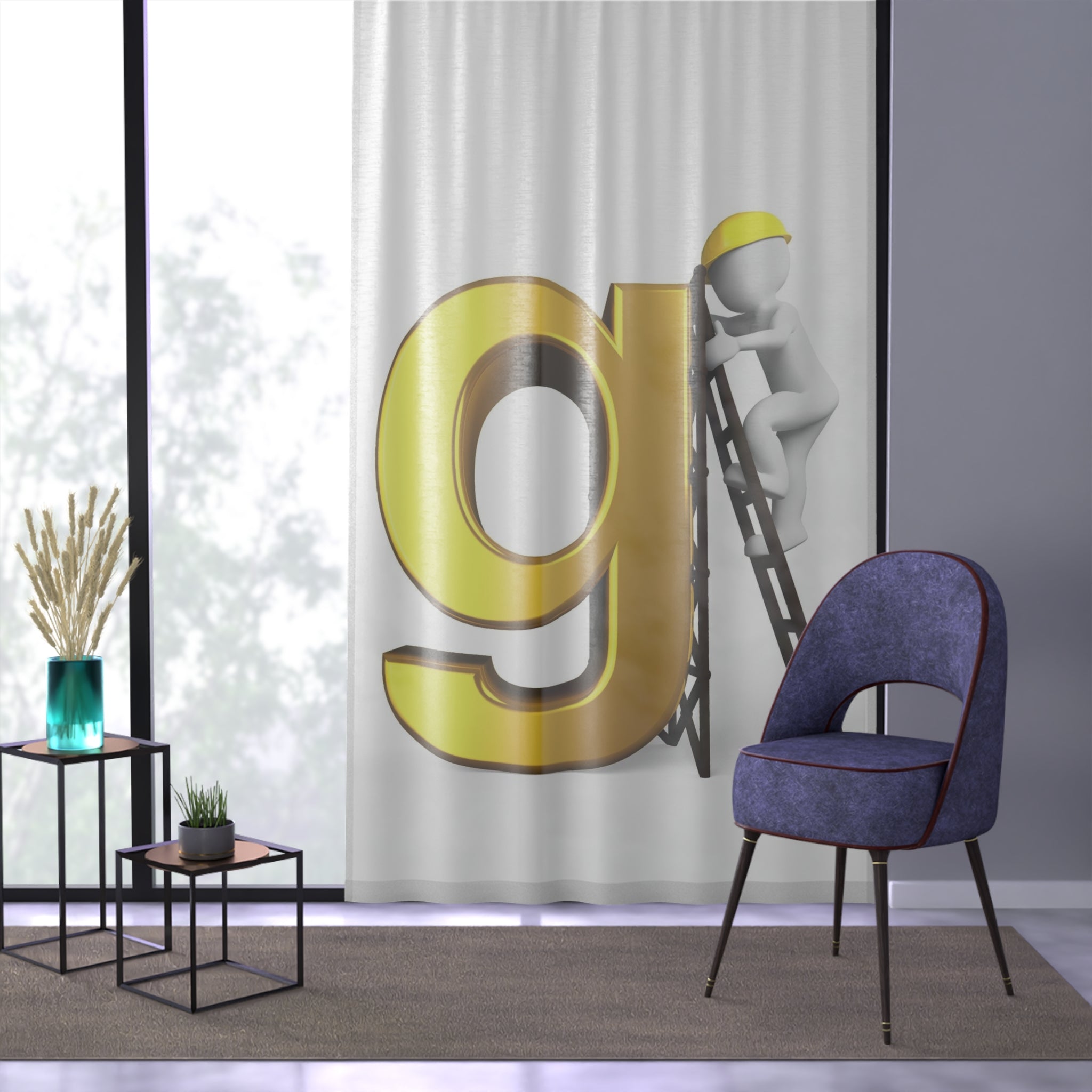 3D Golden Letter g with Worker Illustration Curtain | Alphabet Decorative Window Curtain