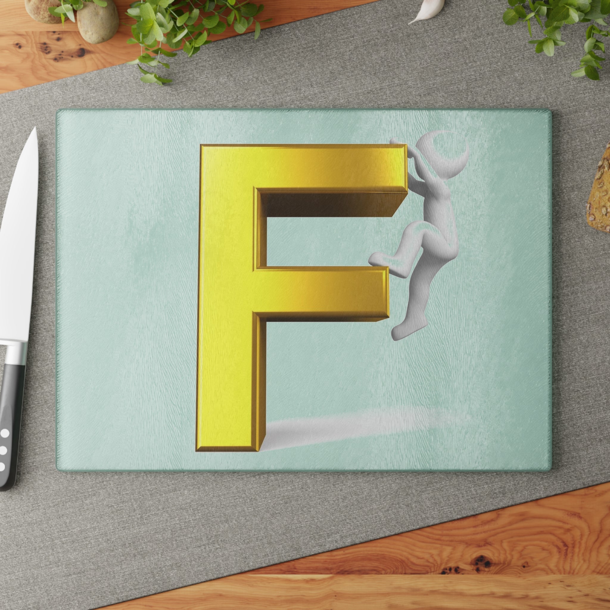 Gold 3D Letter F with Climber Glass Cutting Board | Alphabet Initial Kitchen Decor