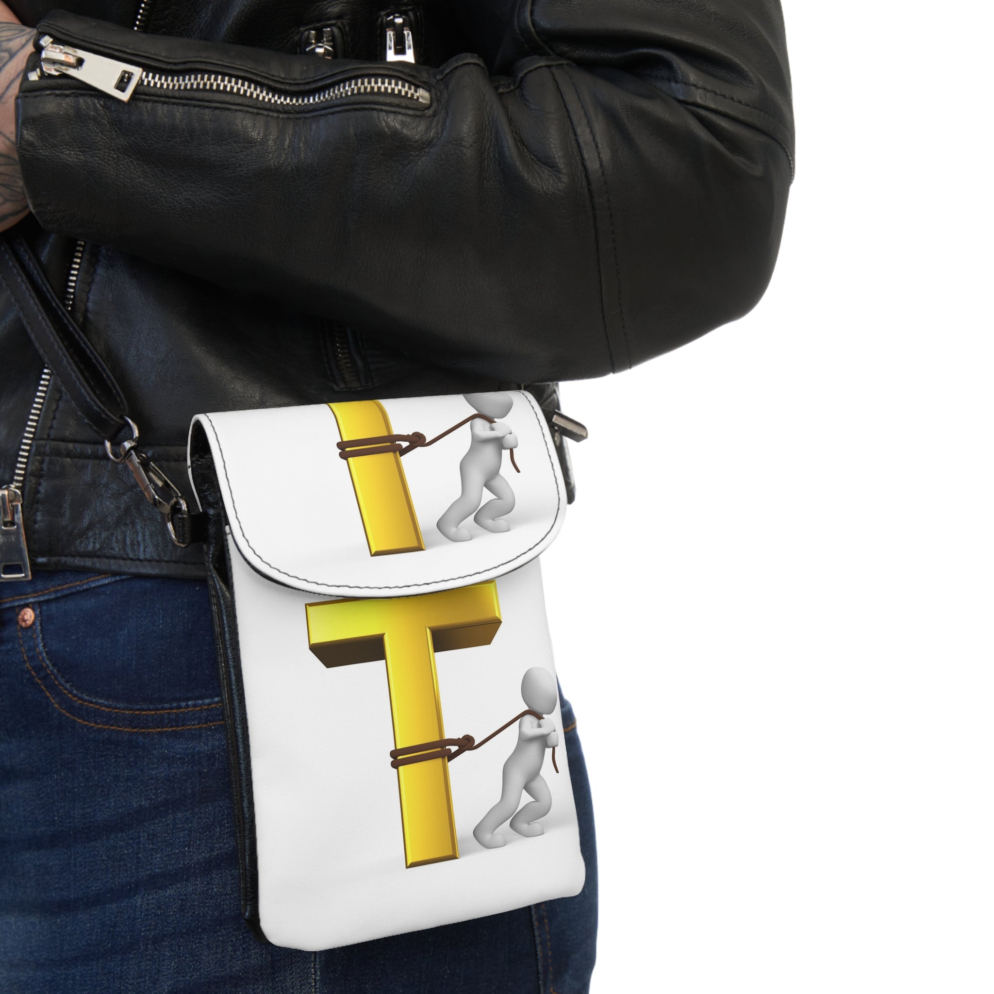 3D People Pushing Pillar Small Cell Phone Wallet | Crossbody Phone Pouch