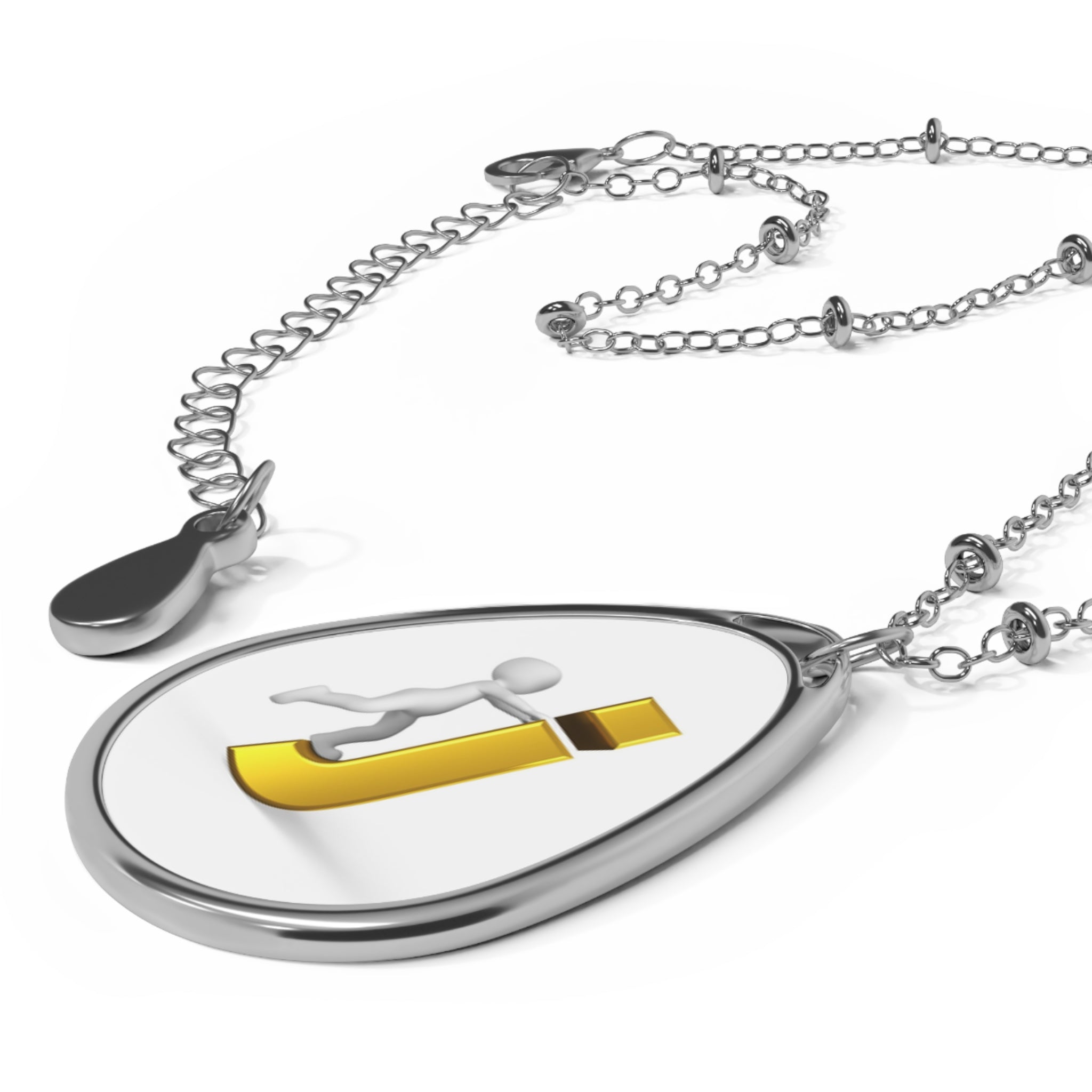 Personalized Oval Initial Necklace — Silver Teardrop Pendant with Gold 'J' Design