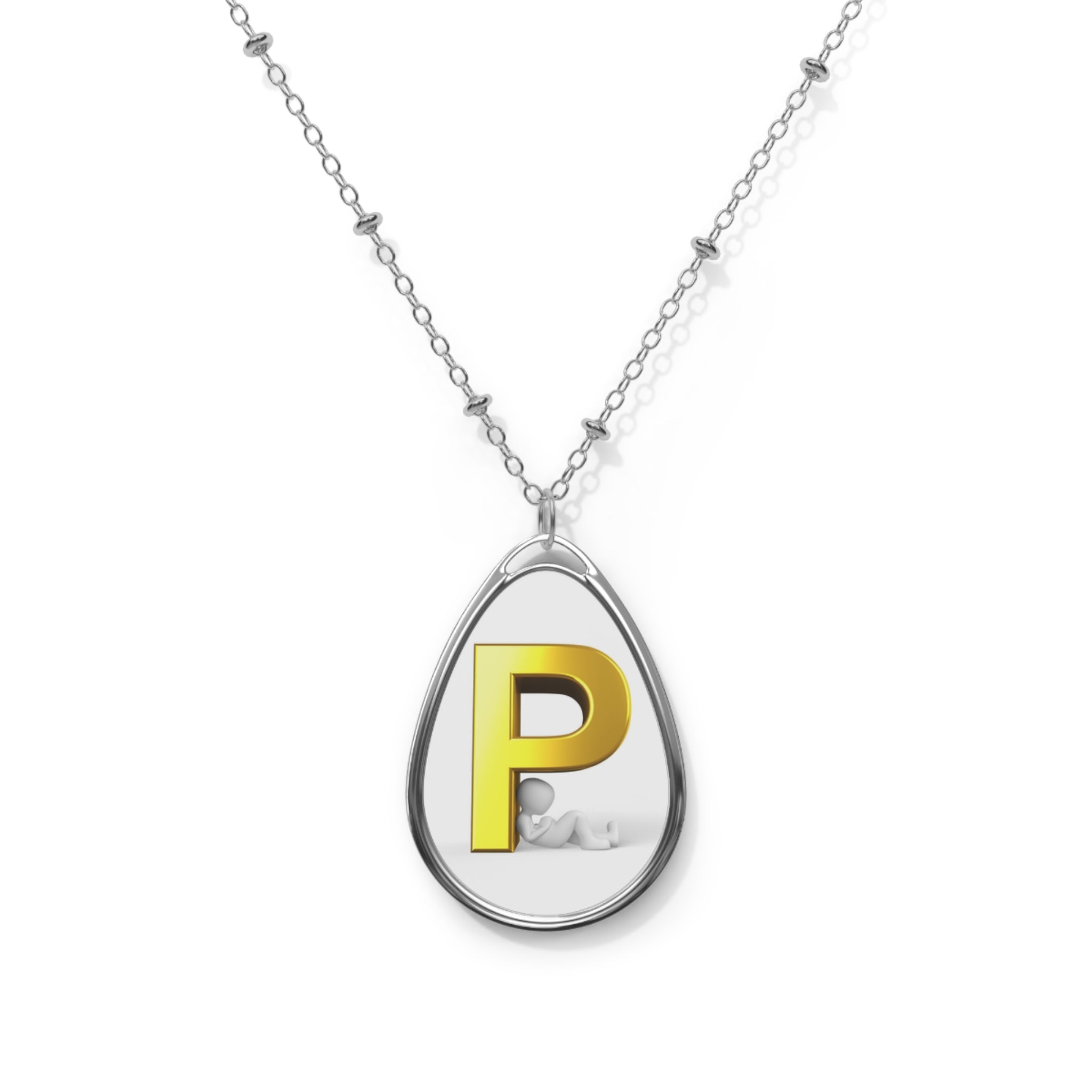 Personalized Oval Necklace — Gold Initial 'P' Monogram Teardrop Pendant