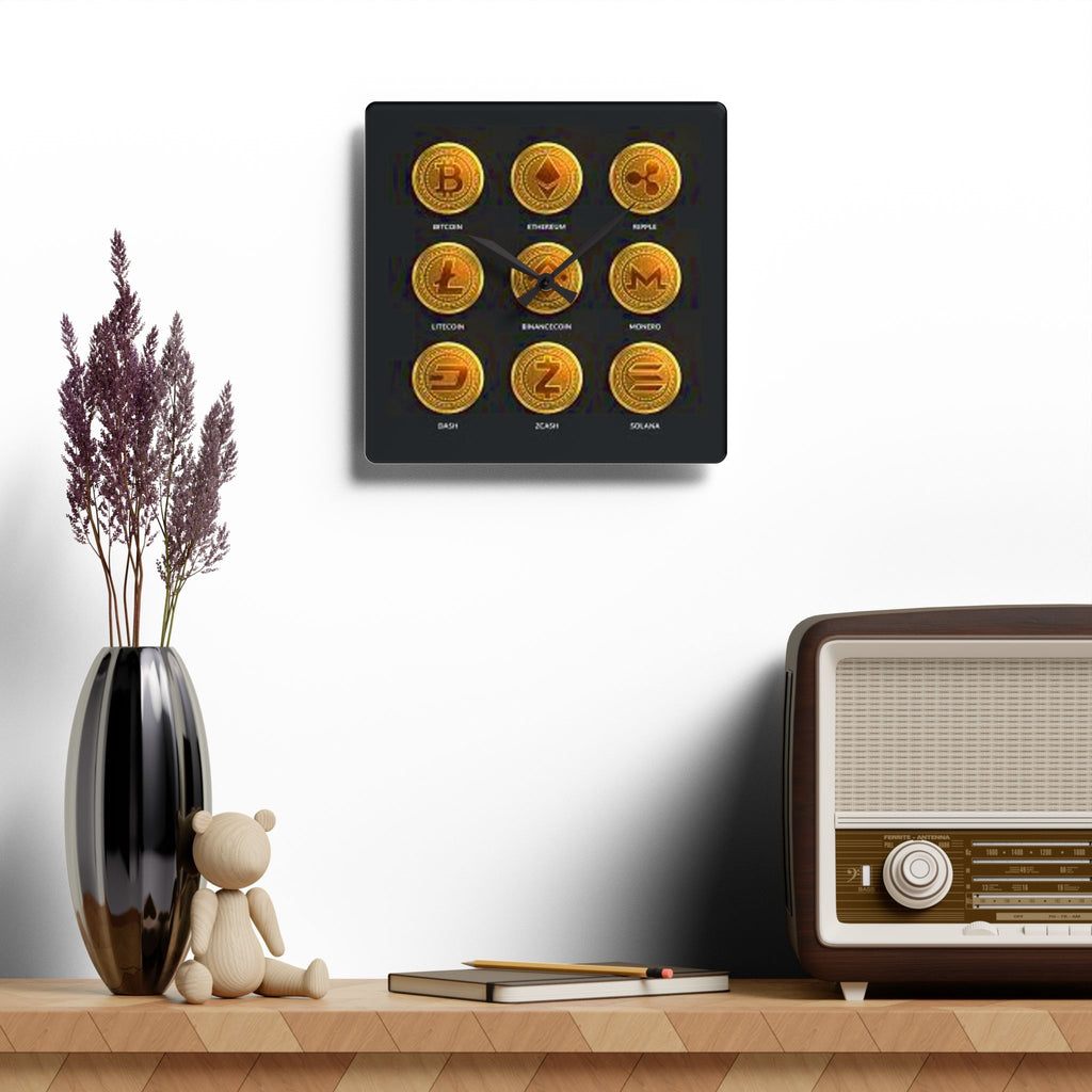 Cryptocurrency Coin Icons Acrylic Wall Clock | Bitcoin Ethereum Ripple Litecoin Monero