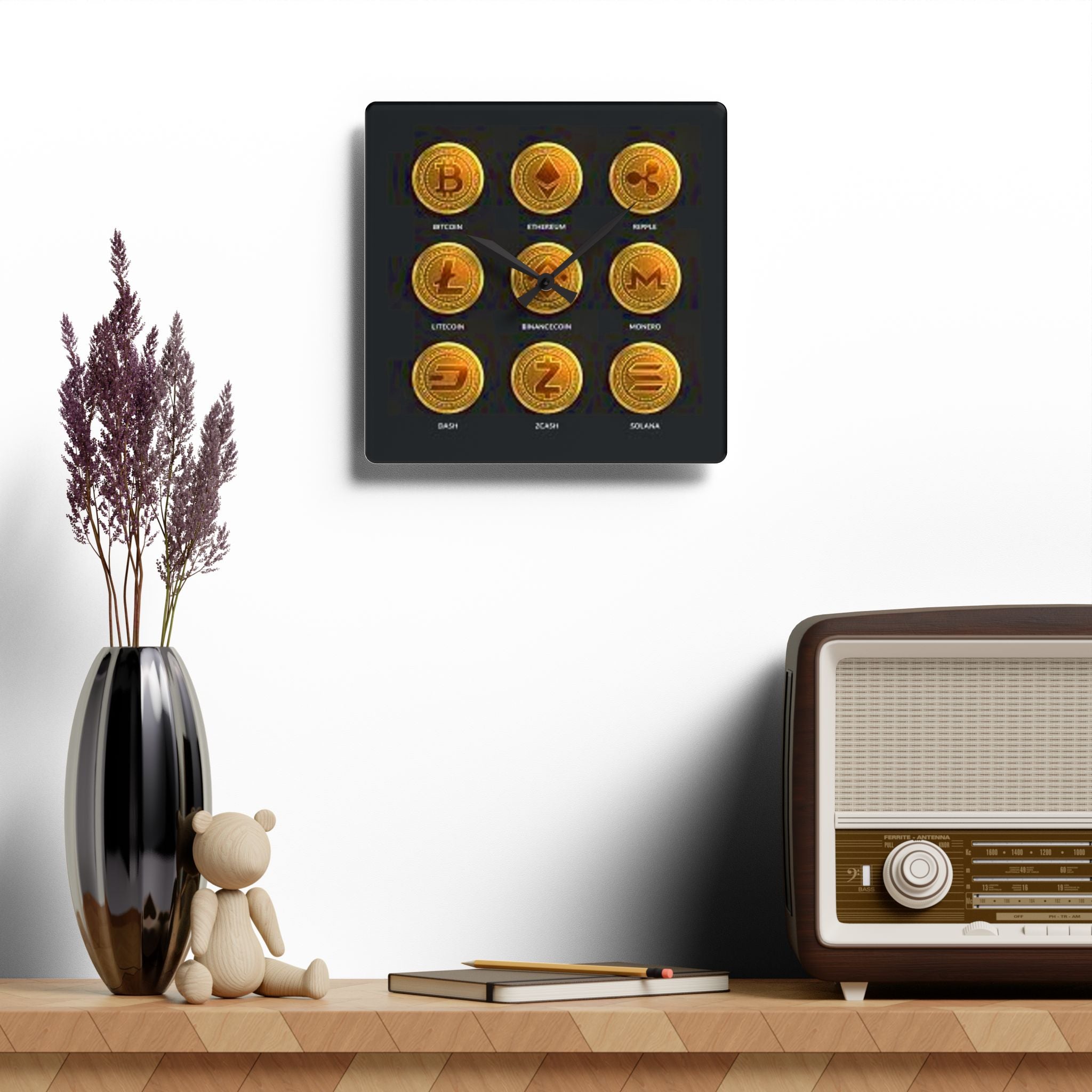 Cryptocurrency Coin Icons Acrylic Wall Clock | Bitcoin Ethereum Ripple Litecoin Monero