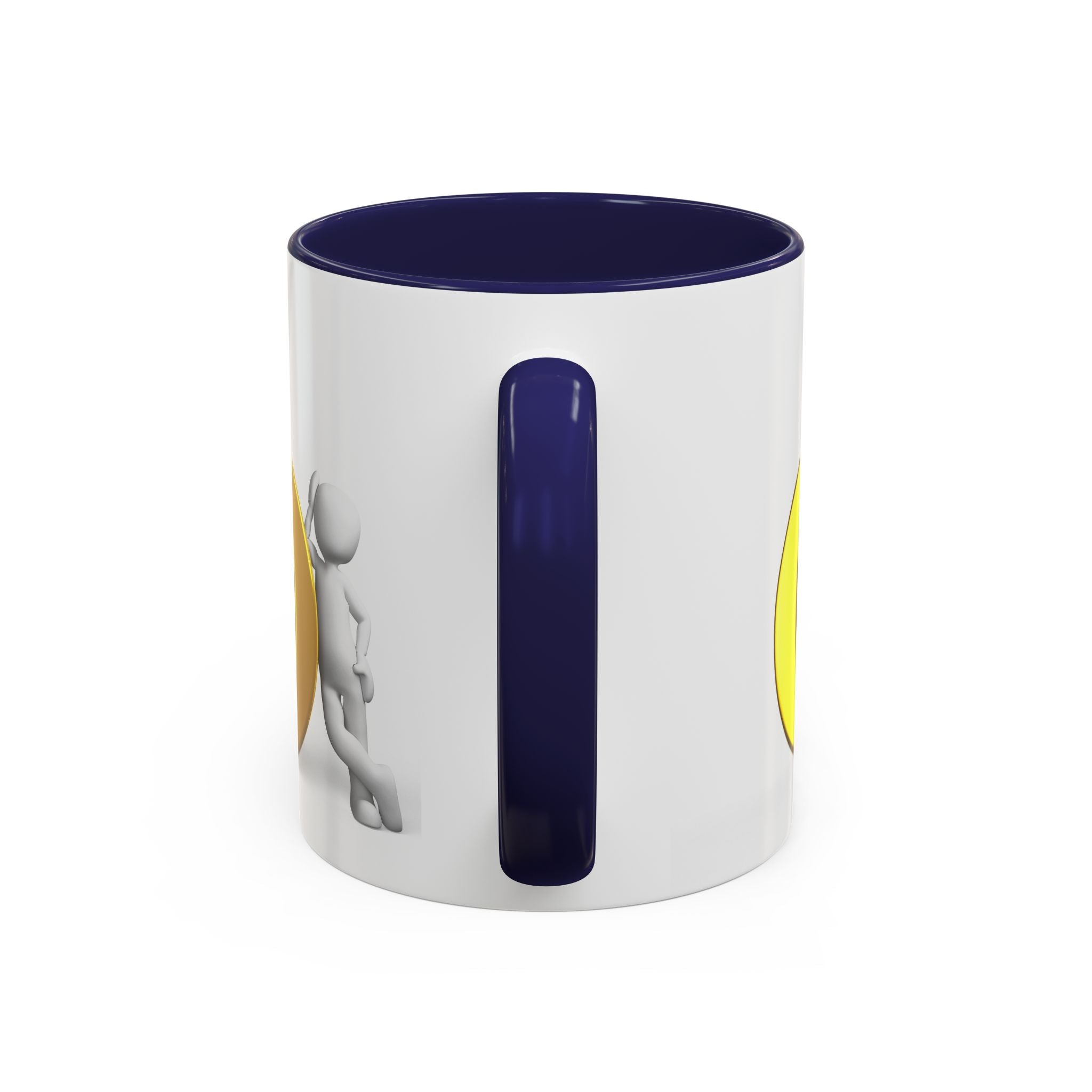 3D Strichmännchen, das sich an Goldbuchstaben O Tasse lehnt | Akzent-Kaffeetasse