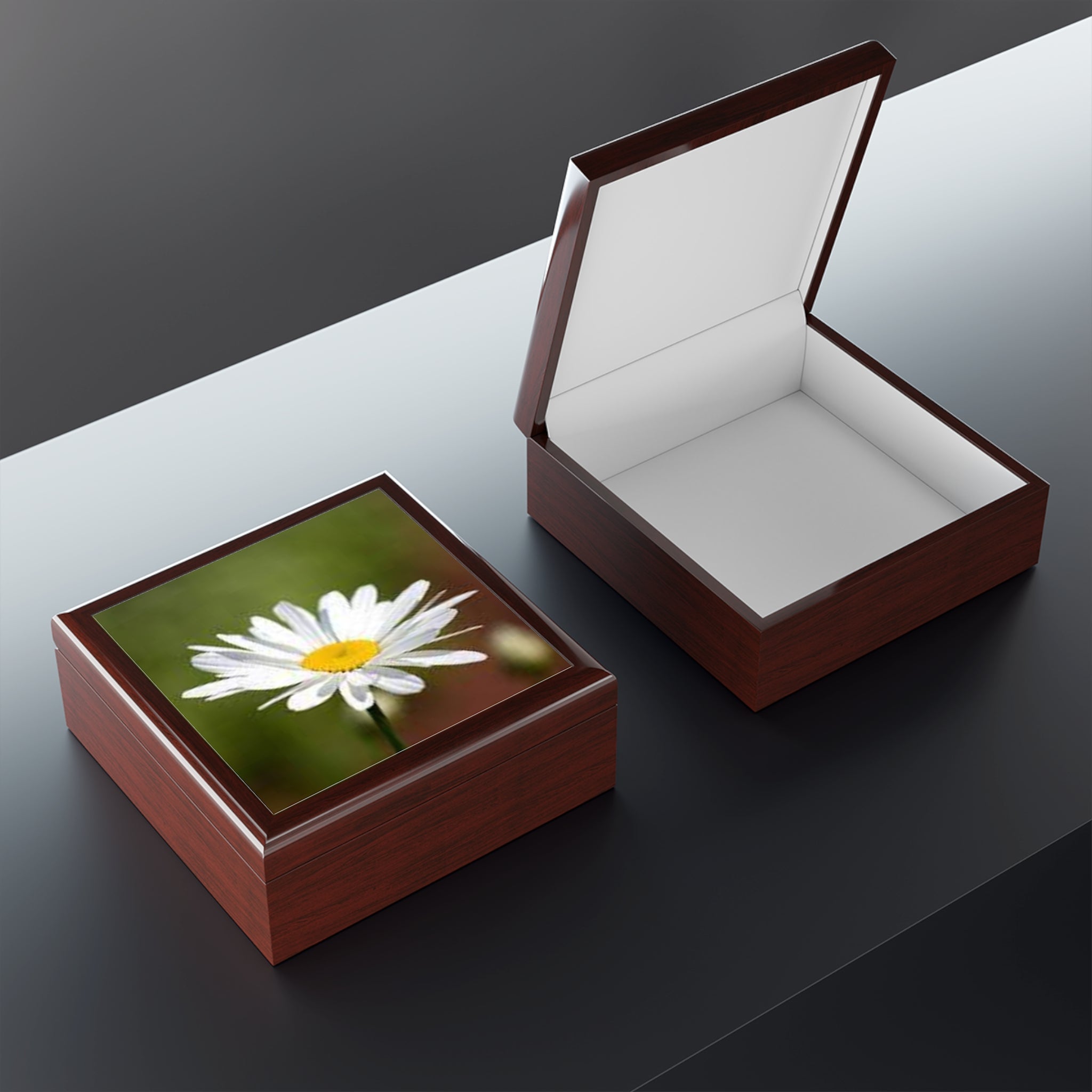White Daisy Photo Jewelry Box | Floral Keepsake Trinket Box