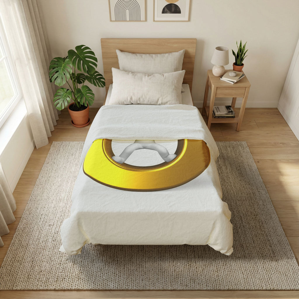 3D Stick Figure Inside Gold Letter O Duvet Cover | Minimal Graphic Bedding