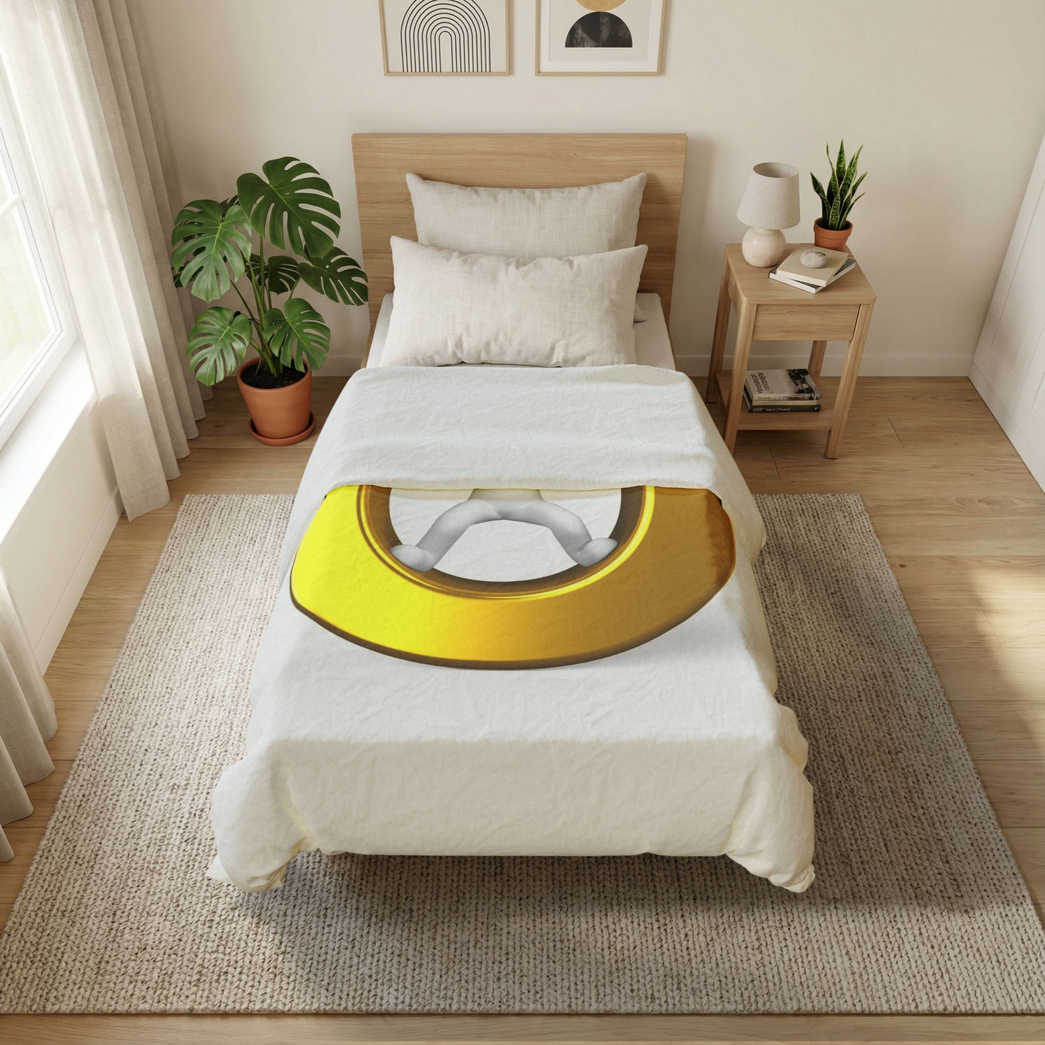 3D Stick Figure Inside Gold Letter O Duvet Cover | Minimal Graphic Bedding