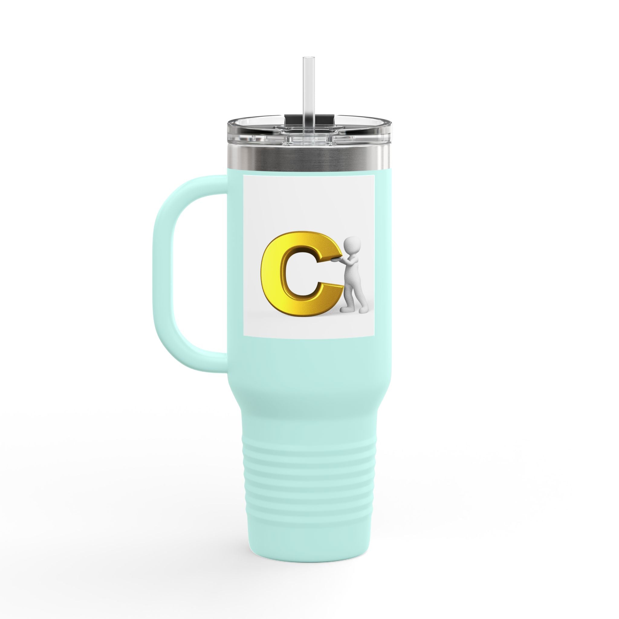 3D Character Leaning on Yellow Letter C Travel Mug | 40oz Insulated Tumbler