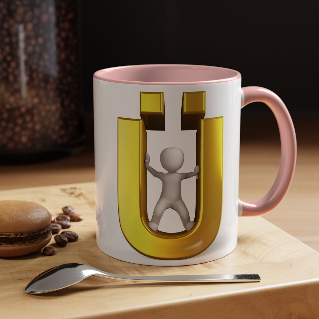 Tasse à café 3D « Lettre Ü dorée avec figurine stylisée » | Mug à anse de couleur