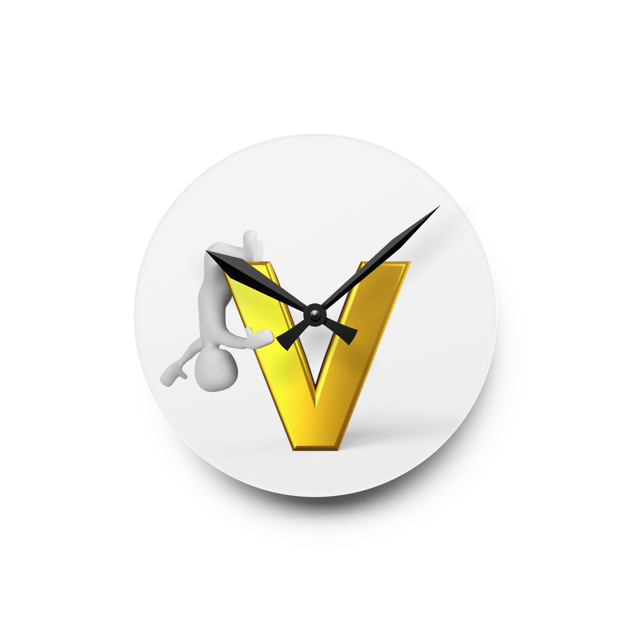 3D Gold Letter V with Figure acrylic wall clock | modern initial decor