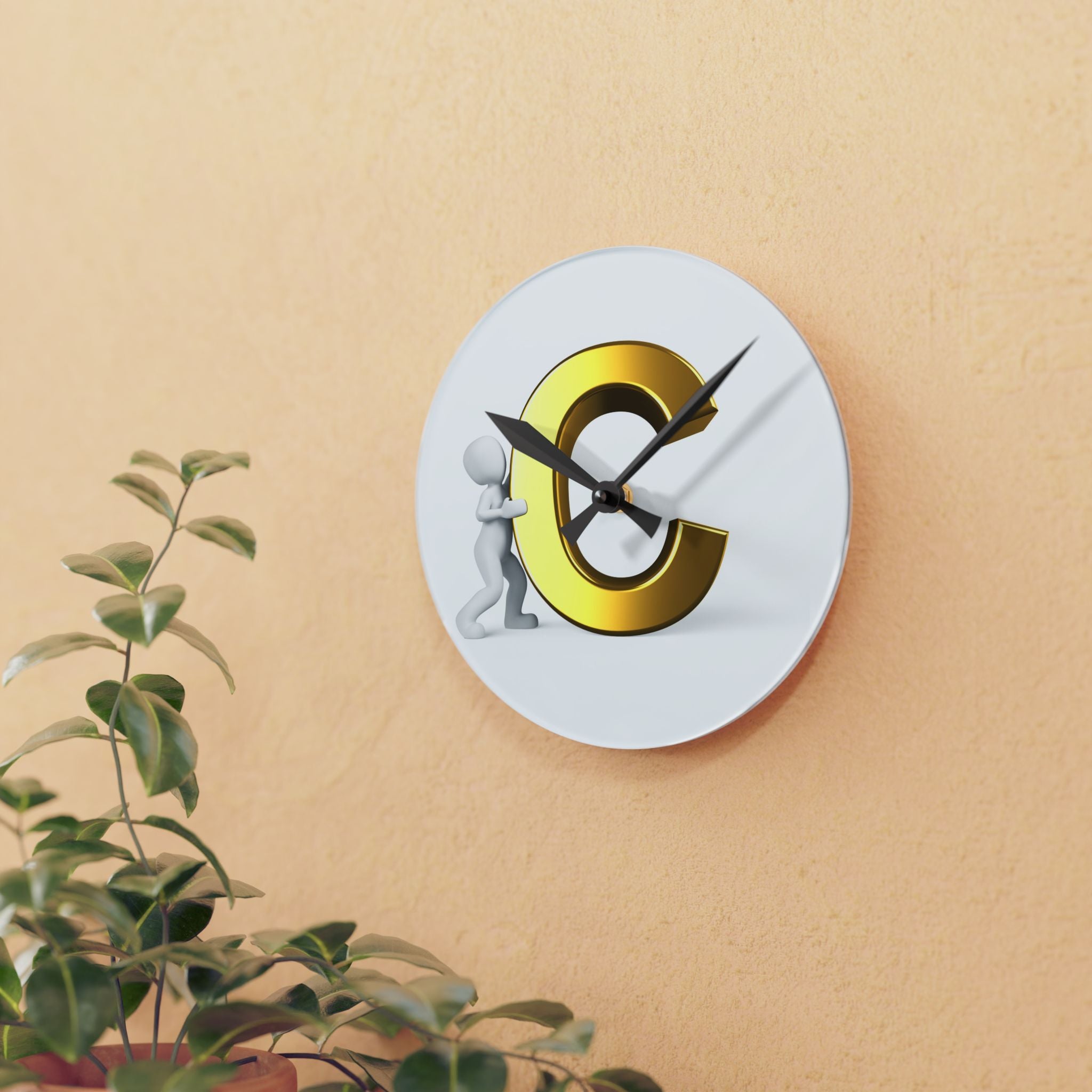 Gold Letter C with Figure Acrylic Wall Clock | Monogram Initial Decor
