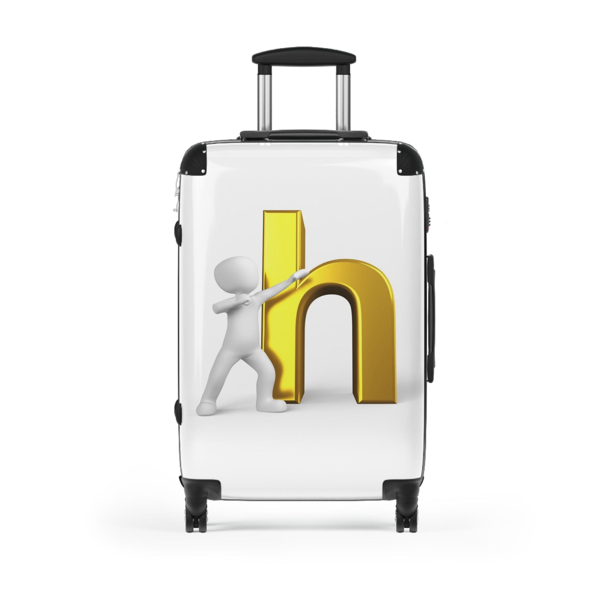 Valise 3D d'une personne debout à côté d'une valise avec la lettre H dorée | Valise personnalisée