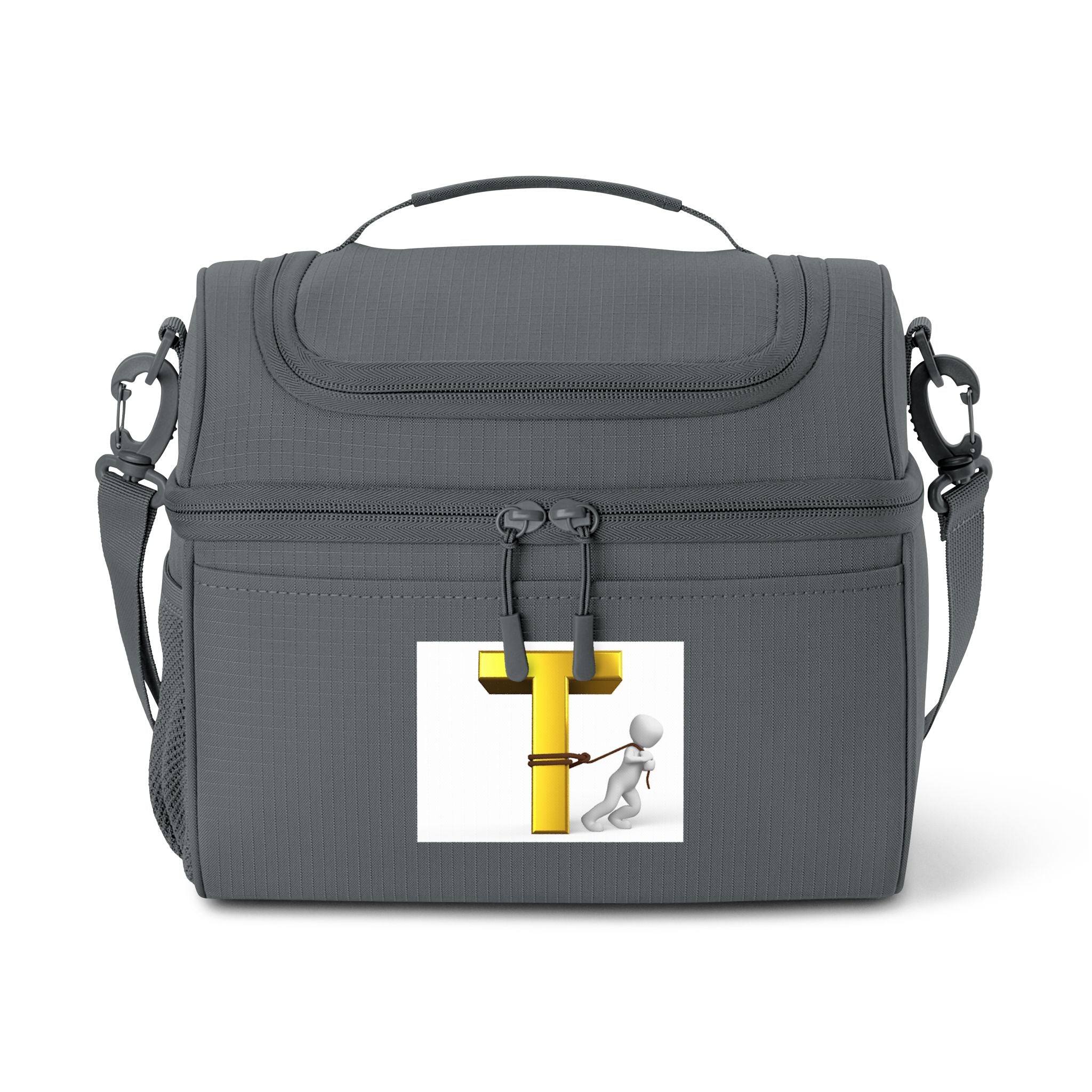 Sac isotherme avec bonhomme allumette 3D tirant la lettre T jaune | Sac isotherme repas personnalisé avec initiale