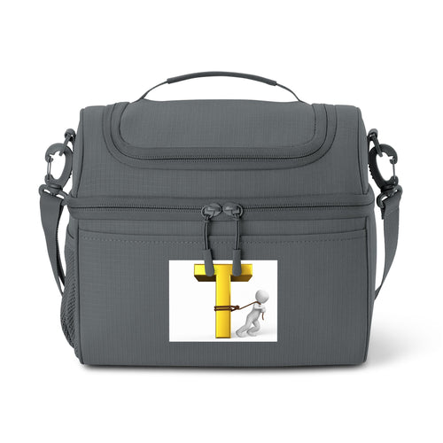 Sac isotherme avec bonhomme allumette 3D tirant la lettre T jaune | Sac isotherme repas personnalisé avec initiale