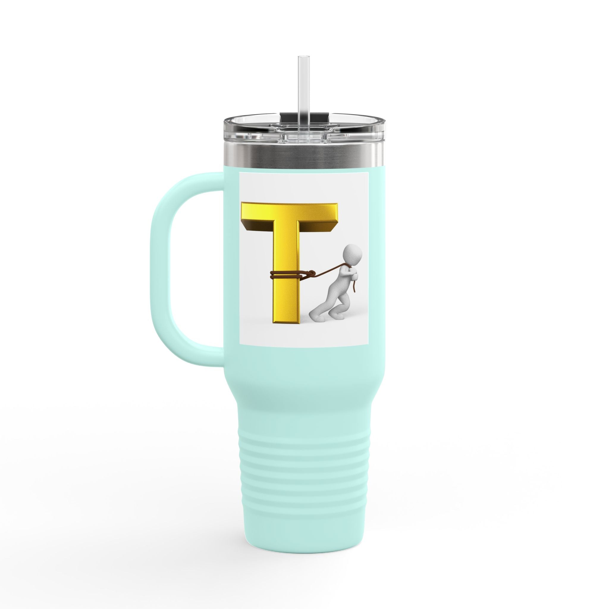 3D Stick Figure Pulling Gold Letter T Travel Mug | 40oz Insulated Tumbler