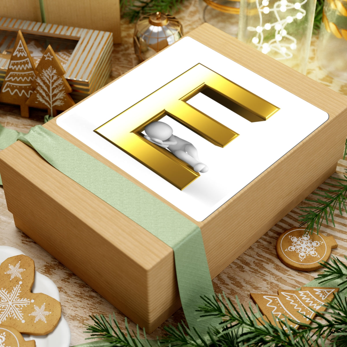 Gold 3D Letter E with Sleeping Figure Sticker