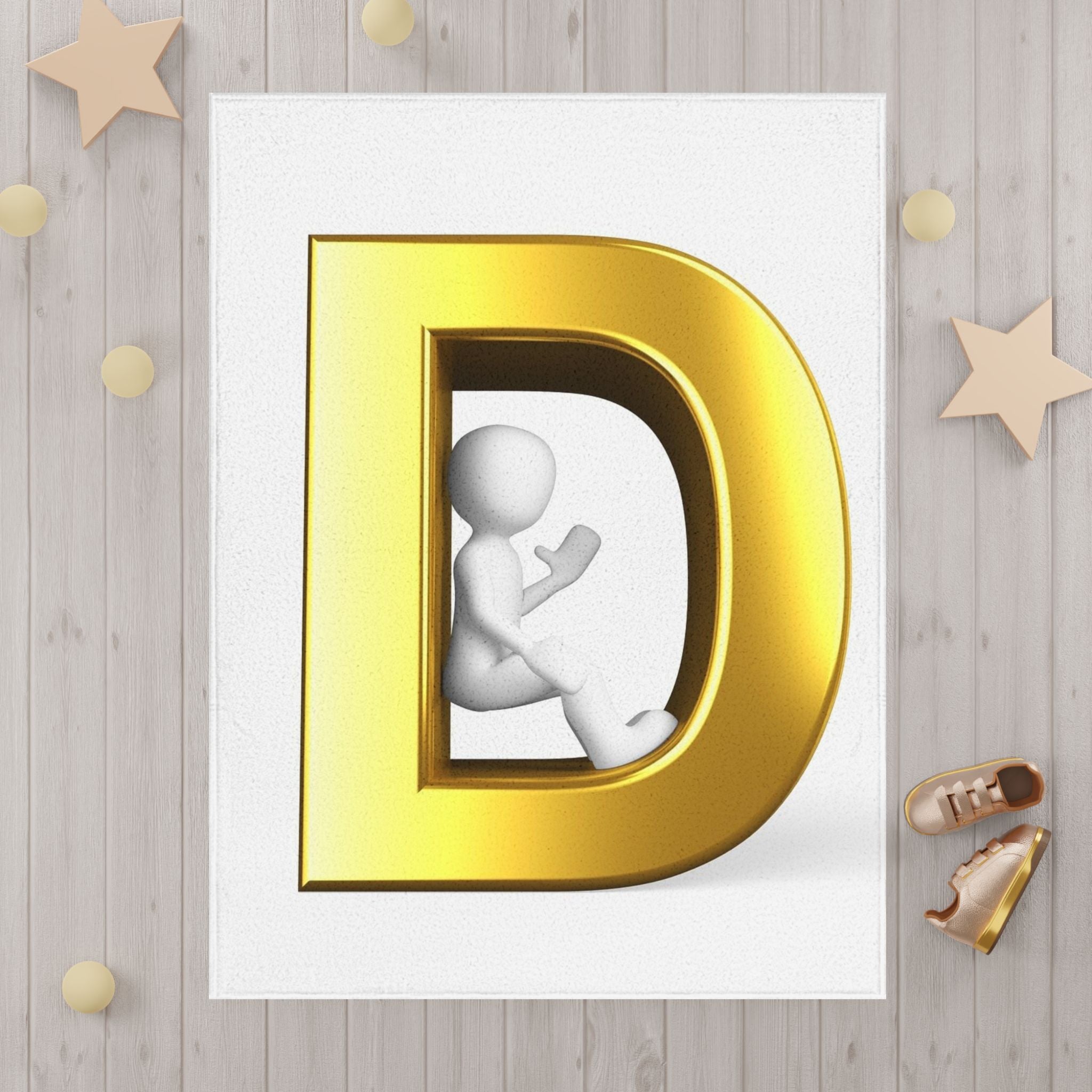 Gold Letter D with Playful Figure Toddler Blanket | Monogram Initial D