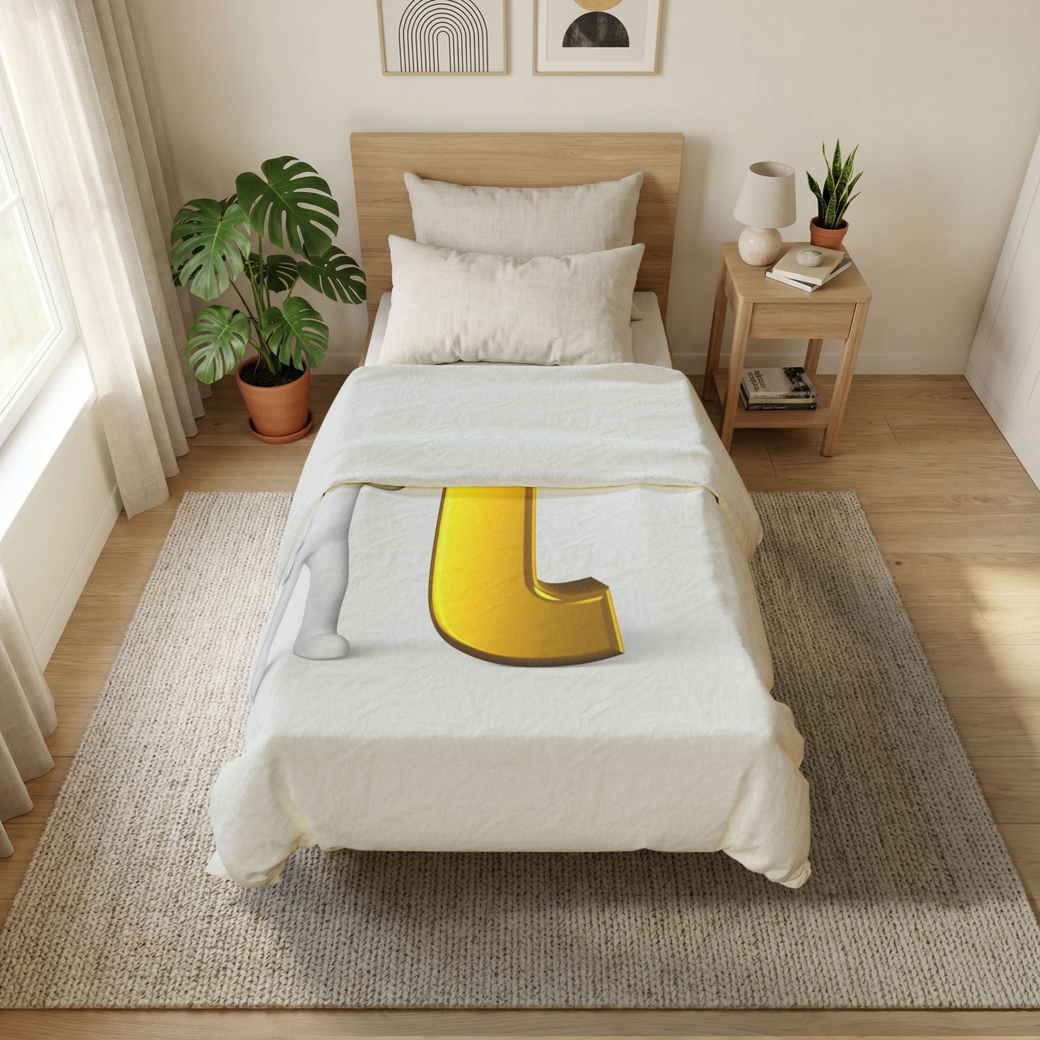 3D Gold Letter T with Figure Duvet | Alphabet Monogram Bedding