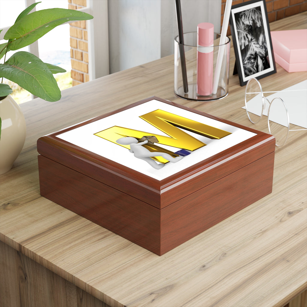 Gold Letter M with Painter Figure Jewelry Box | Monogram Initial M
