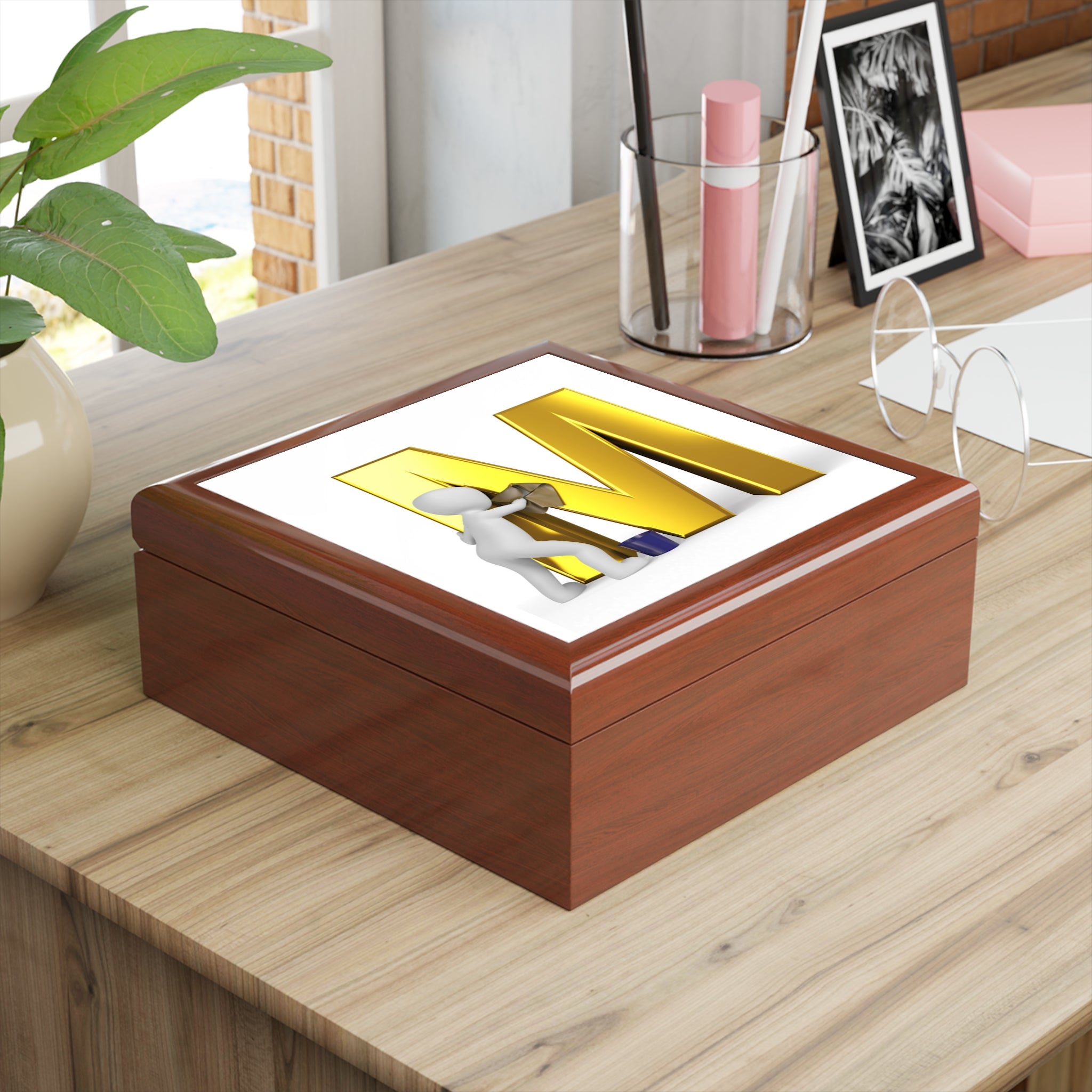 Gold Letter M with Painter Figure Jewelry Box | Monogram Initial M